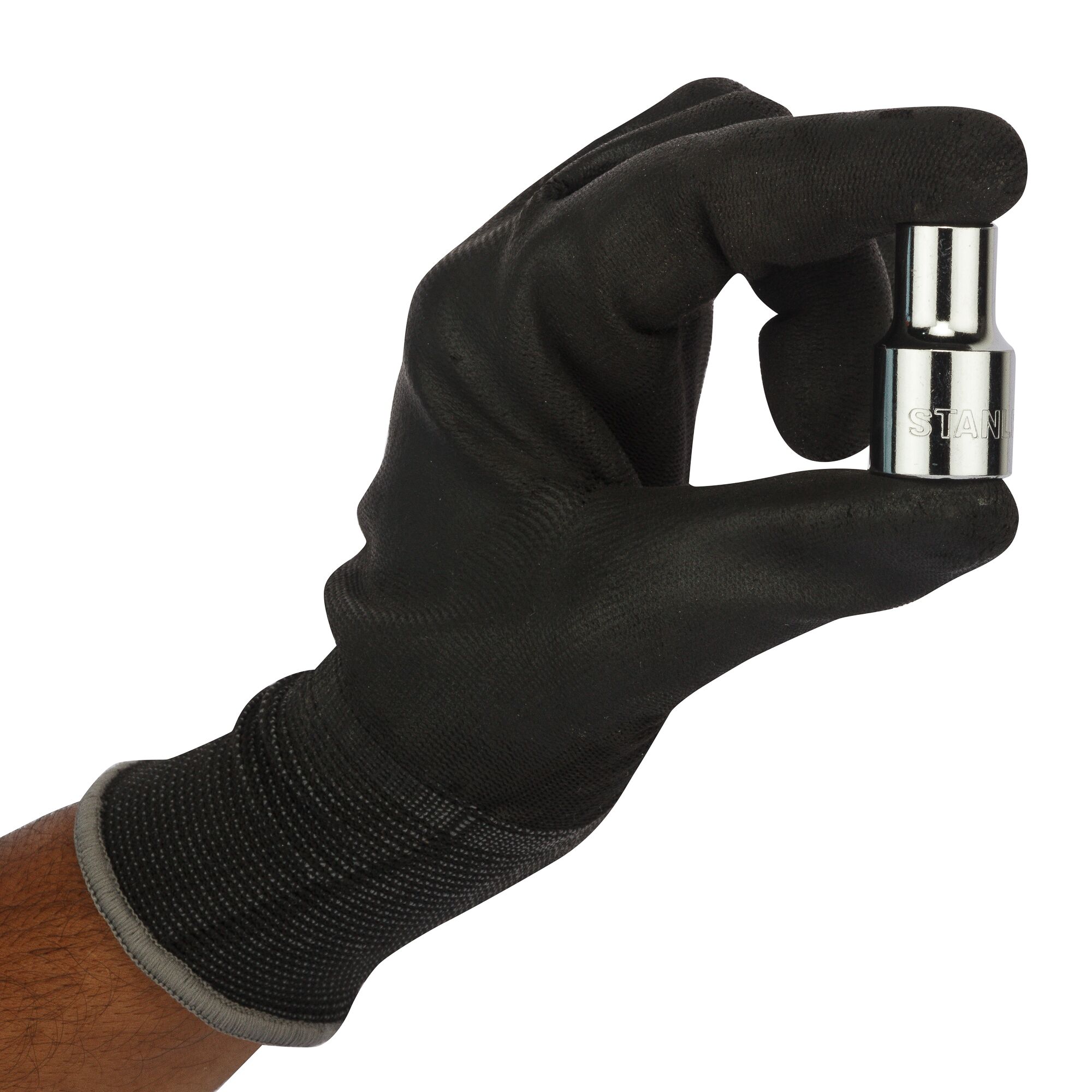 STANLEY 1-86-542 chrome socket held by black-gloved hand, product right side view.