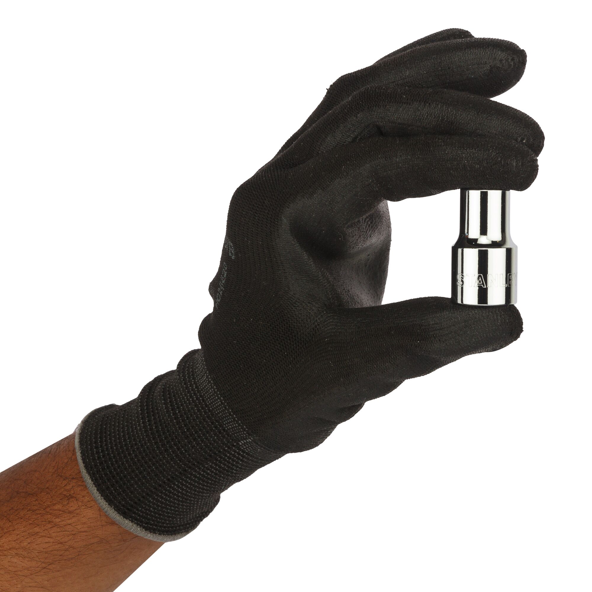 Stanley 1-86-543 socket held by a gloved hand, side angle, chrome finish, photography product.