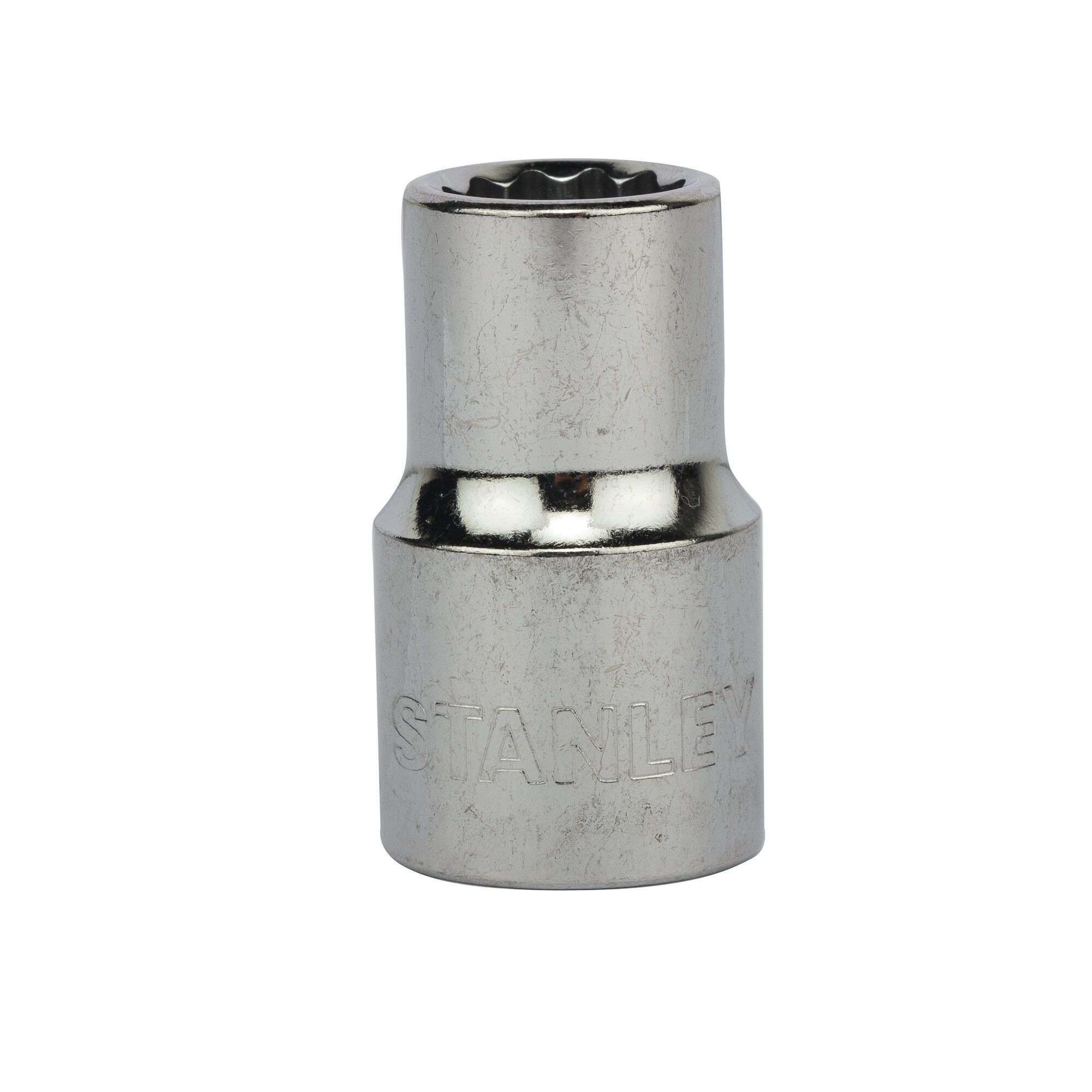 Photo of STANLEY 1-86-544 chrome socket tool, front angle, engraved brand, shiny metal finish.