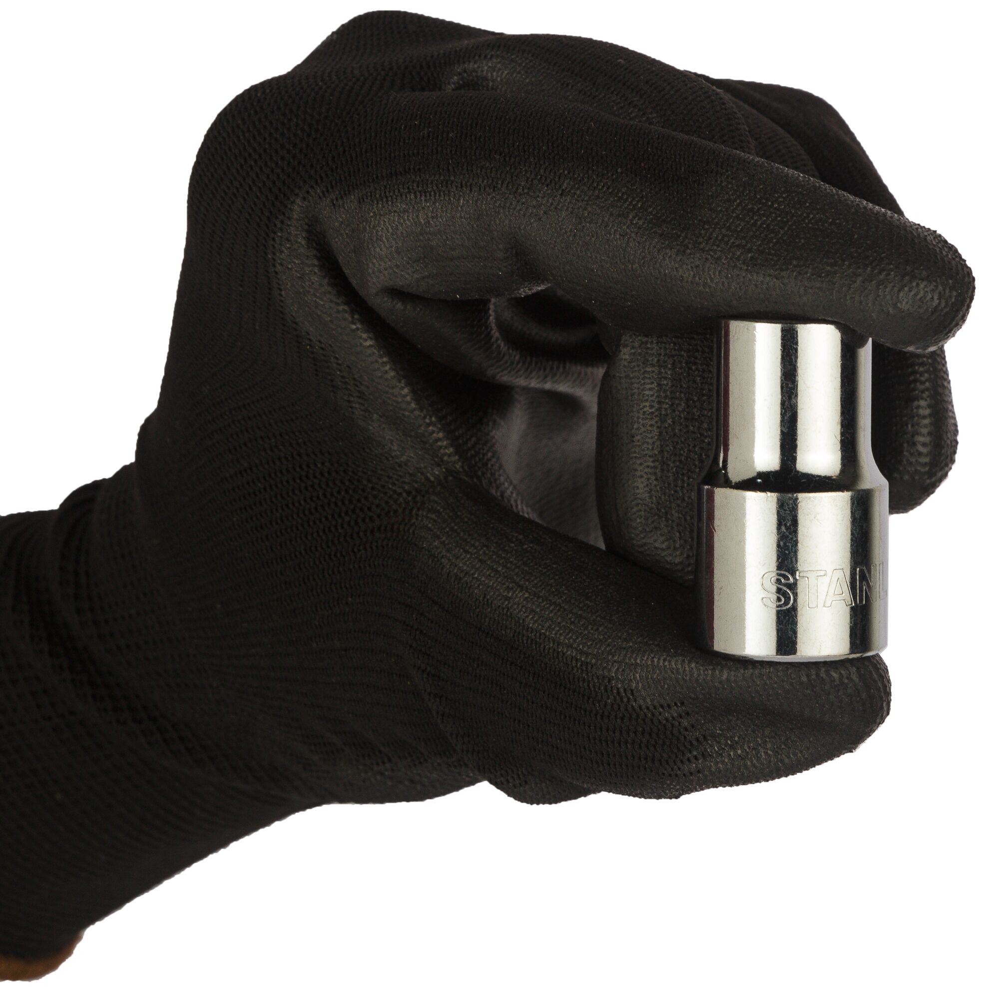 A black-gloved hand holds a small Stanley chrome socket tool against a white background.