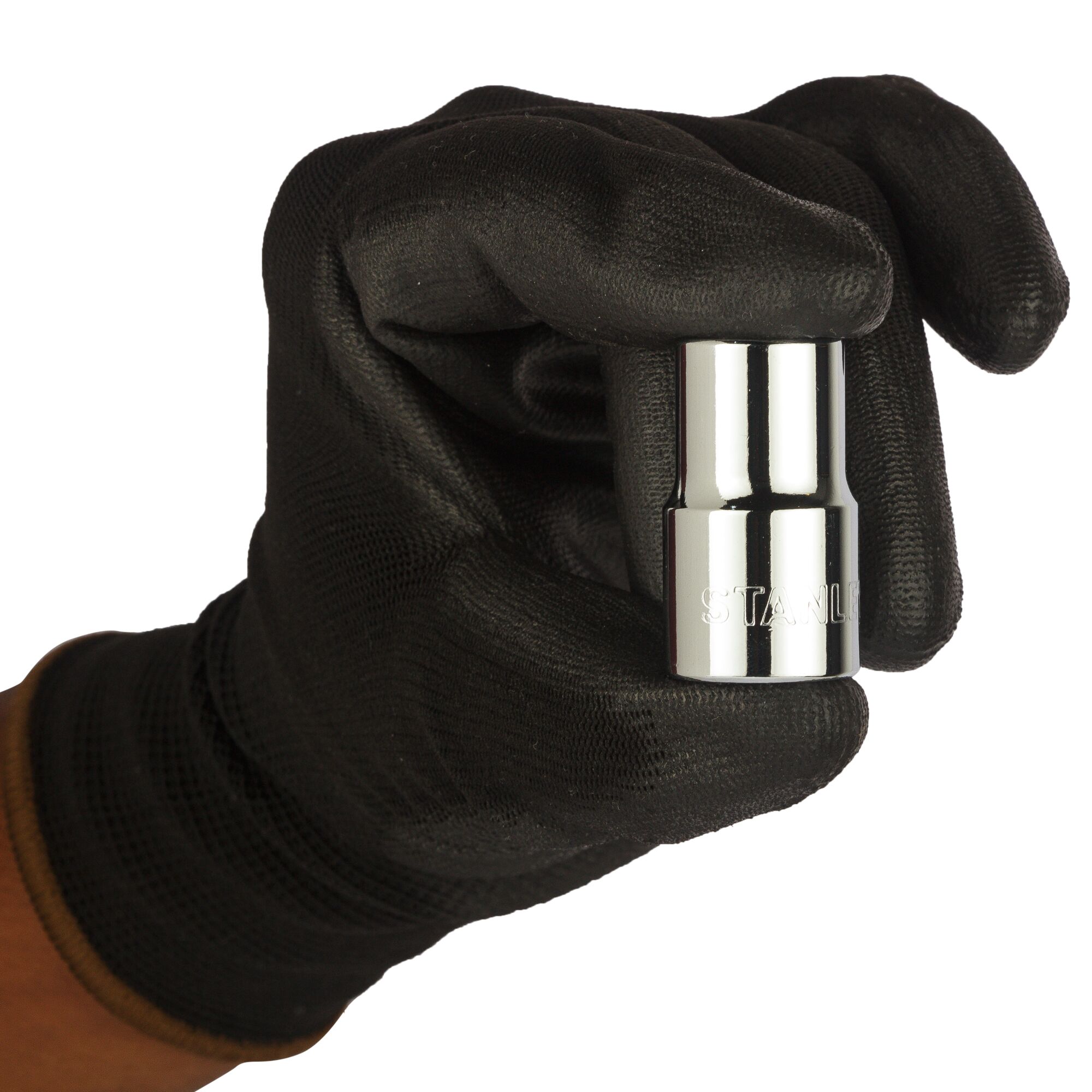A gloved hand holds a chrome STANLEY socket tool, SKU 1-86-545, for mechanical or photography use.