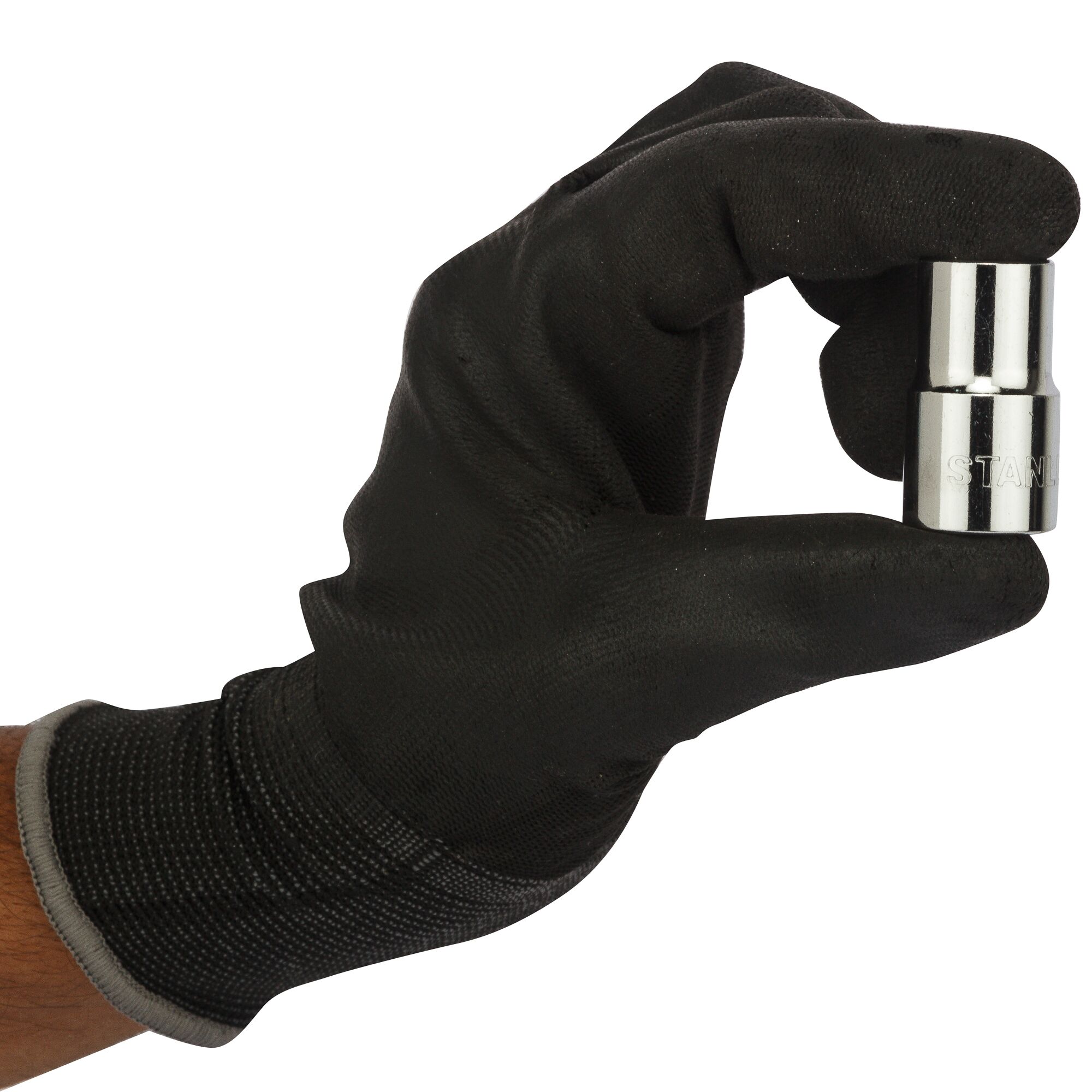 STANLEY 1-86-545 chrome socket held by gloved hand, product side angle, photography.