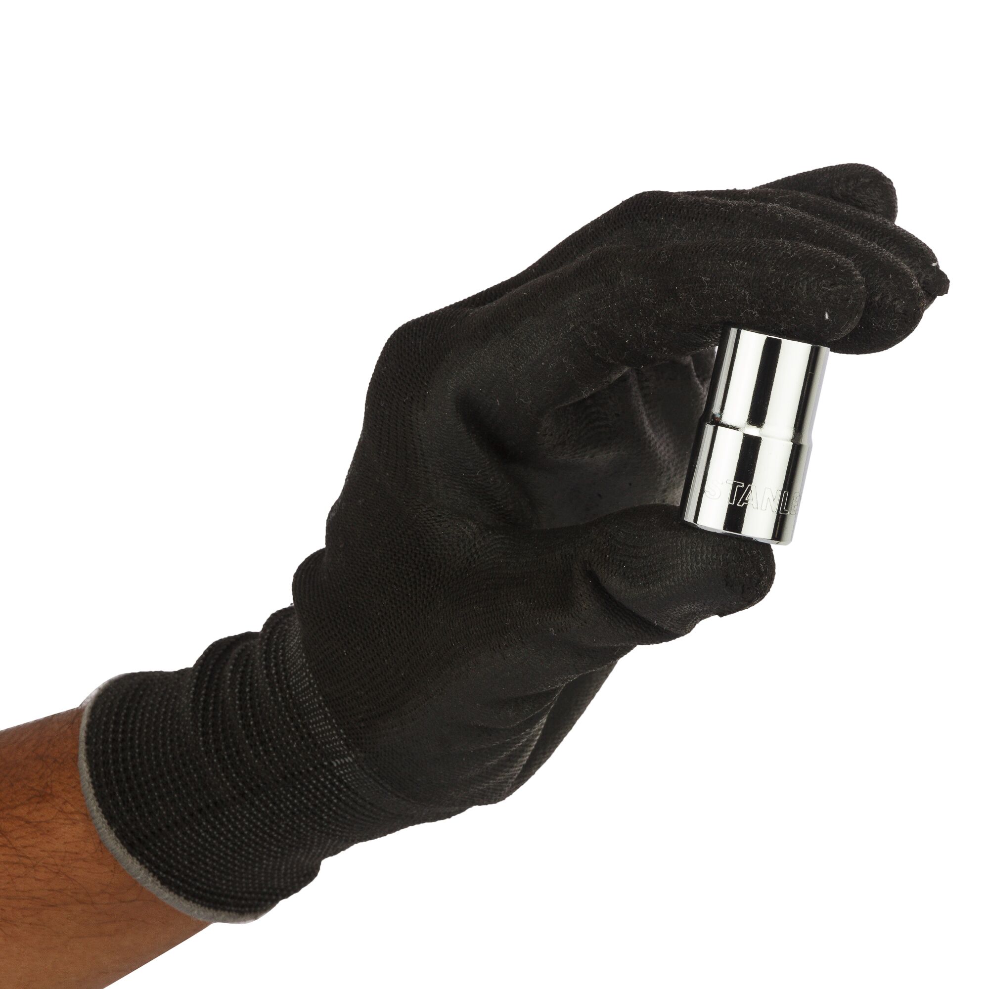Photo of STANLEY 1-86-546 chrome socket held in black gloved hand, product photography on white background.