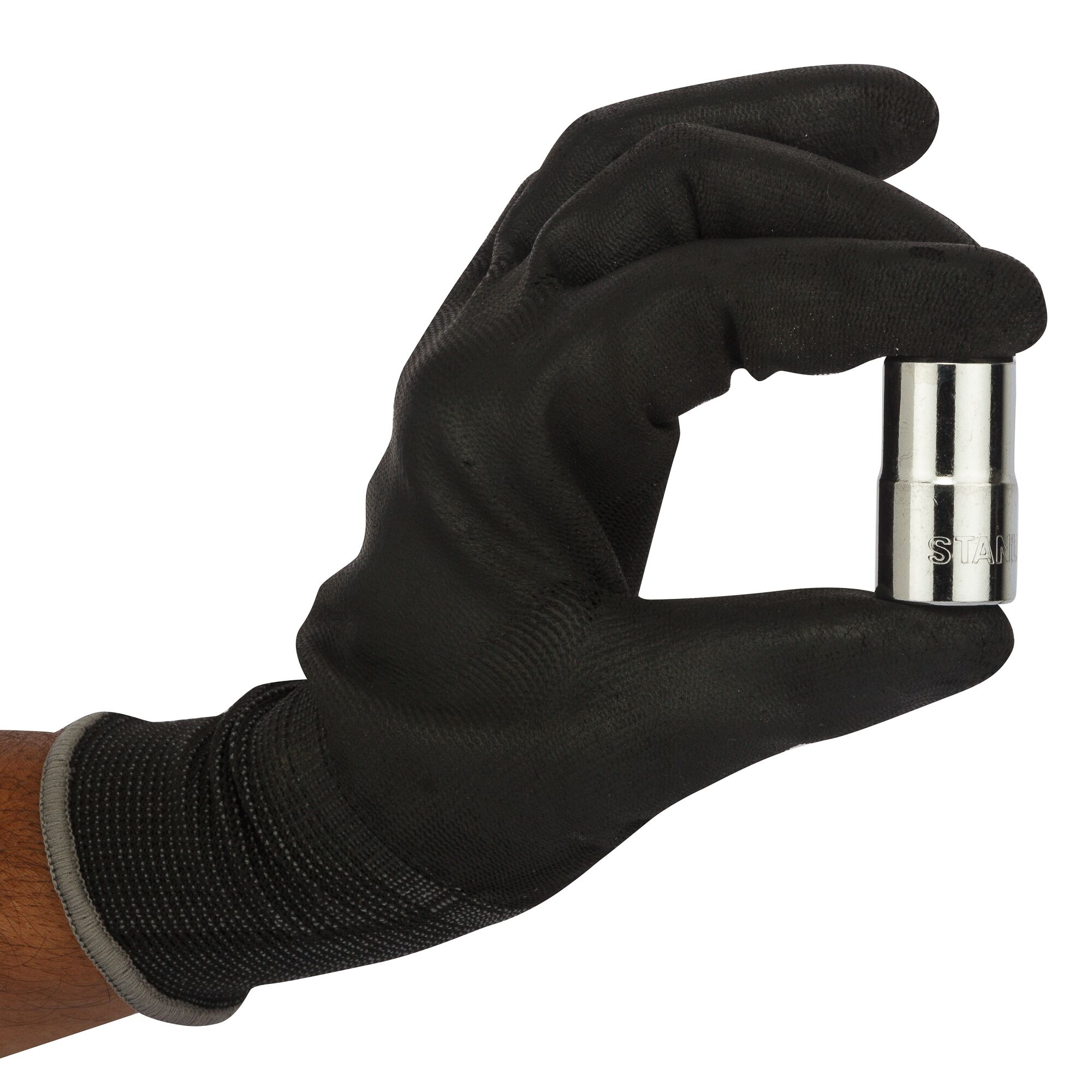 STANLEY 1-86-547 socket held by gloved hand, photography close-up of chrome tool.