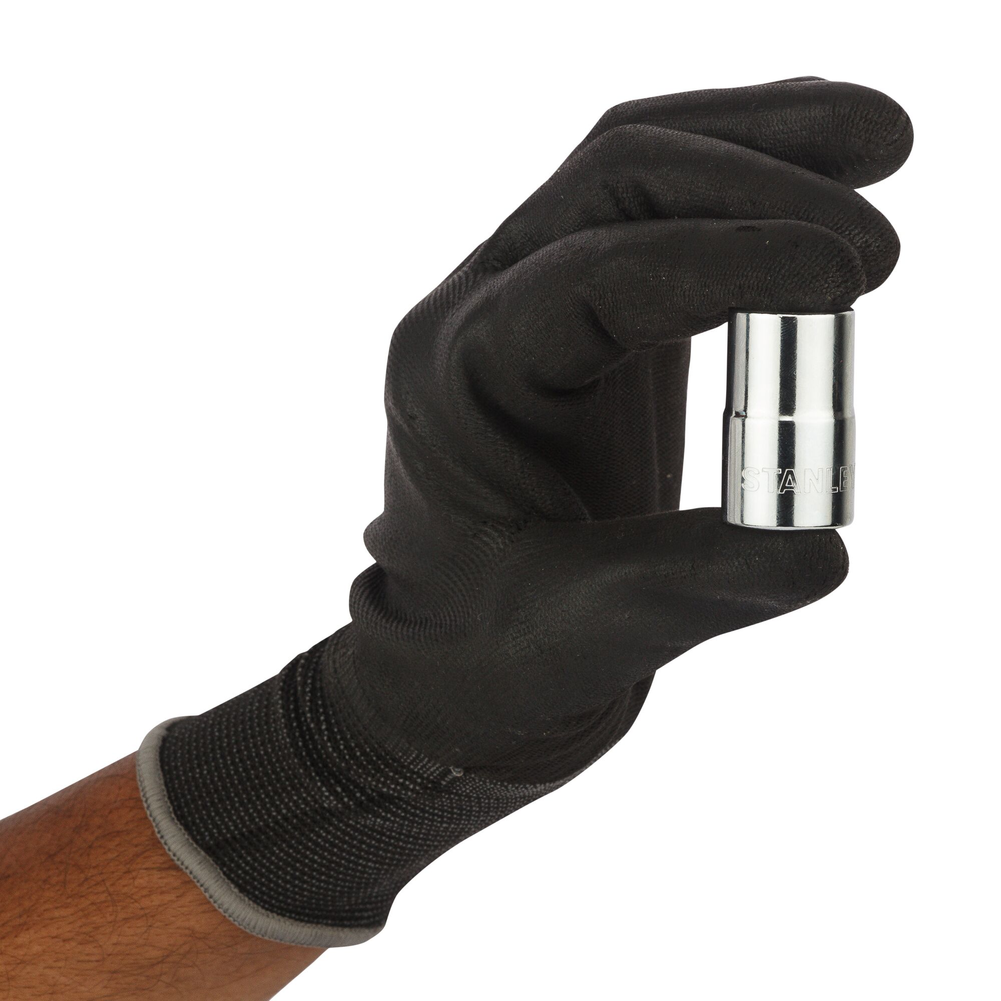 Photo of STANLEY 1-88-738 socket held by gloved hand, silver finish, close-up view, tool photography.