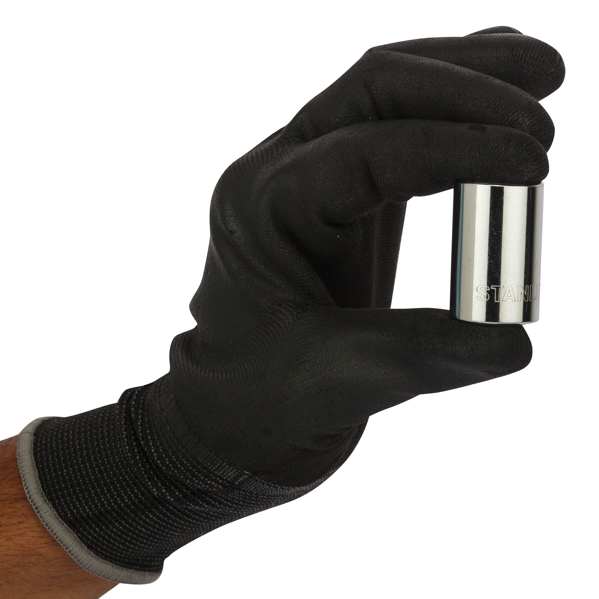STANLEY 1-88-739 chrome socket held by a gloved hand, side angle on white background