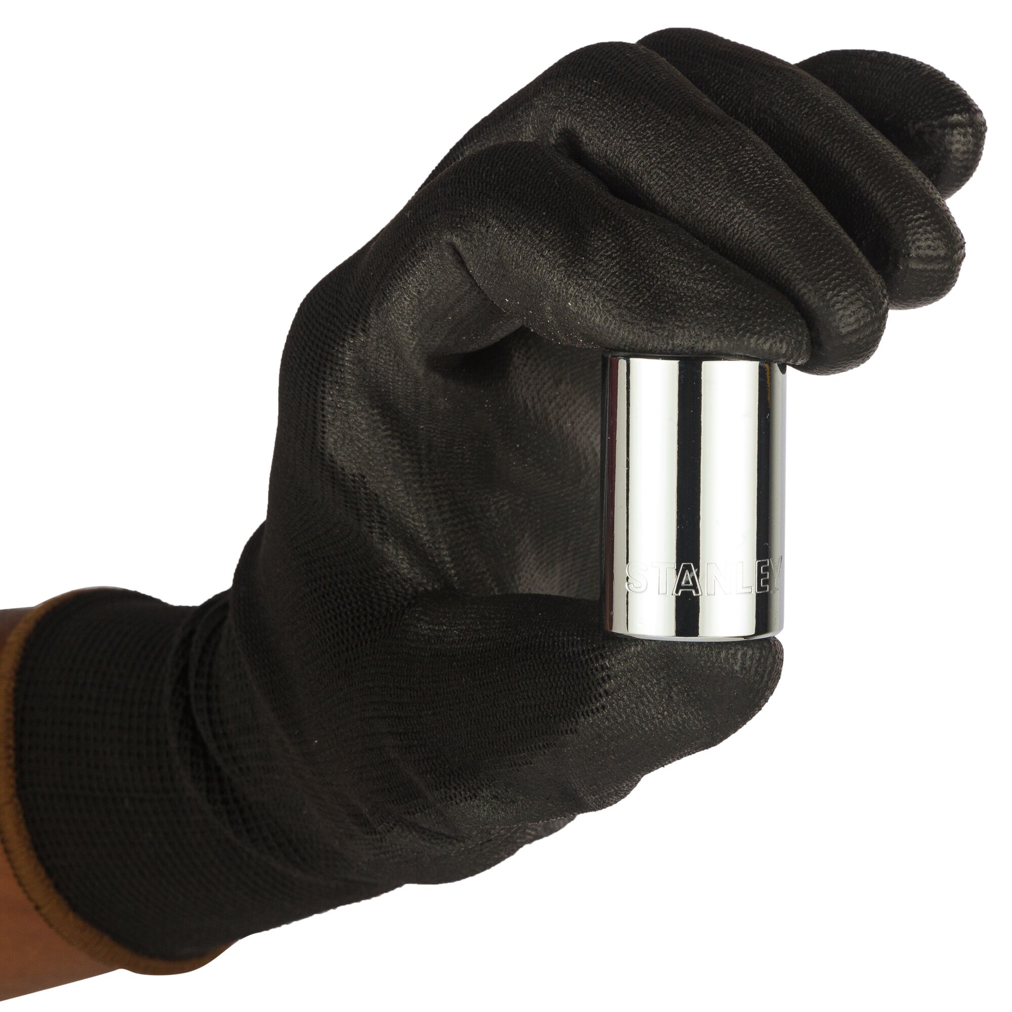 STANLEY 1-88-740 chrome socket held by black gloved hand, product front view photography.