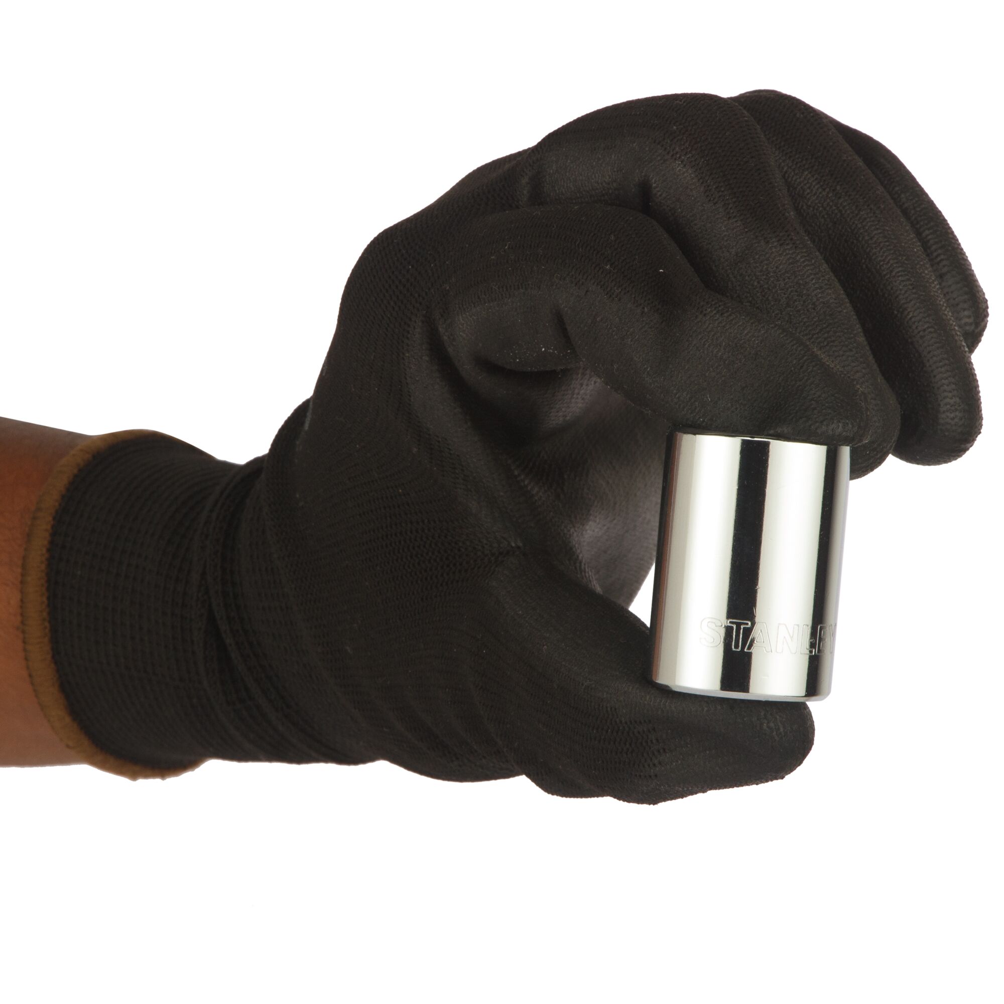 STANLEY 1-88-742 chrome socket held by black-gloved hand, product photography on white background.