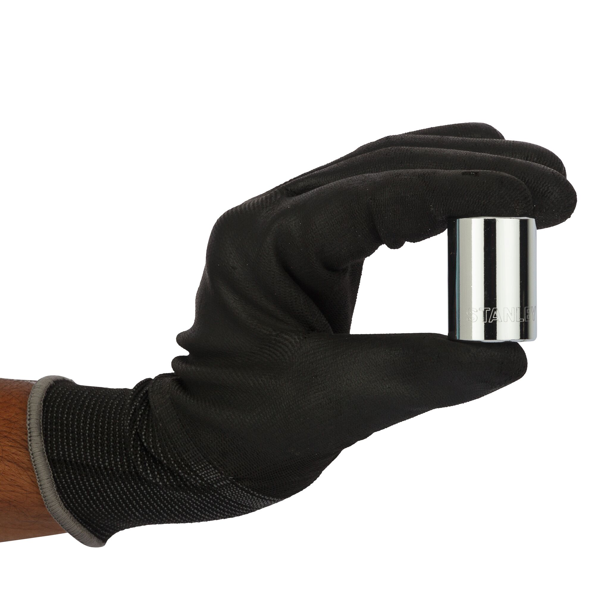 Photo of STANLEY 1-88-742 chrome socket held in a black glove, front angle, photography product.