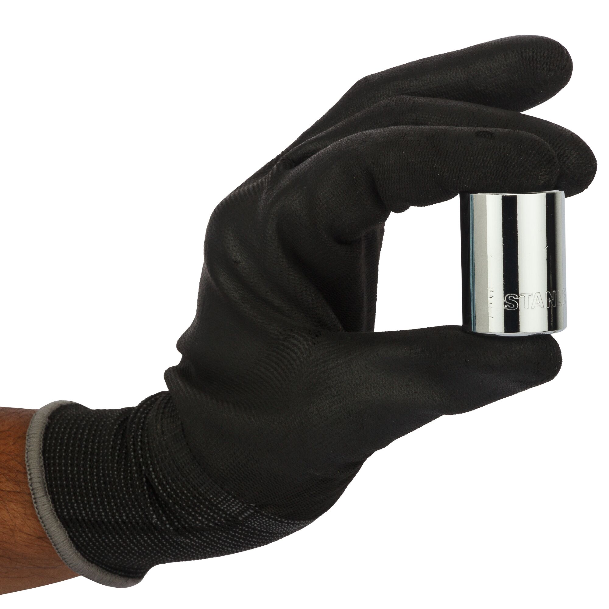 STANLEY 1-88-743 socket held by a hand in a black glove, product photo on white background.
