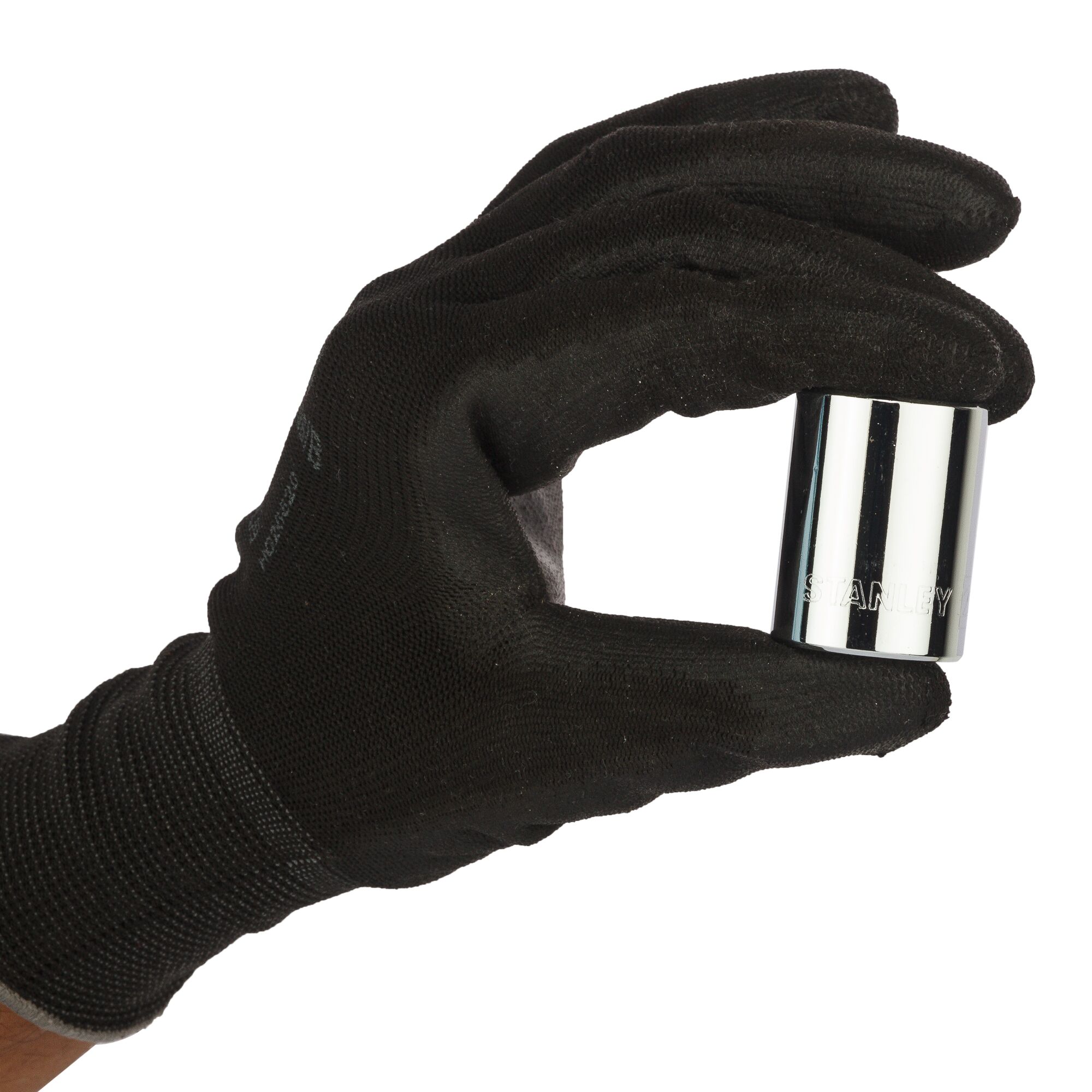 Photo of STANLEY 1-88-744 chrome socket held by a hand wearing black glove, front angle.