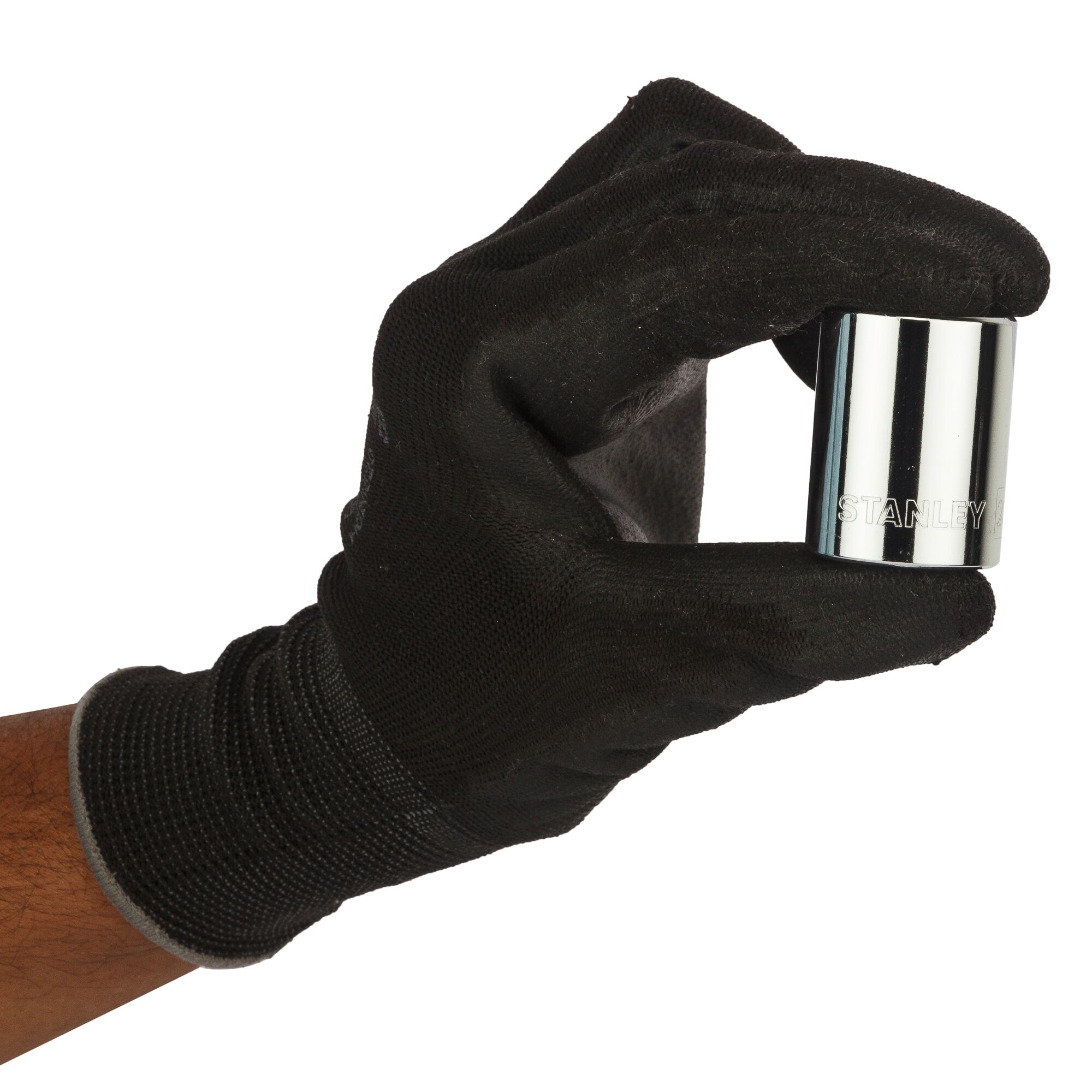 STANLEY 1-88-745 chrome socket held by black gloved hand, side angle, product photography.