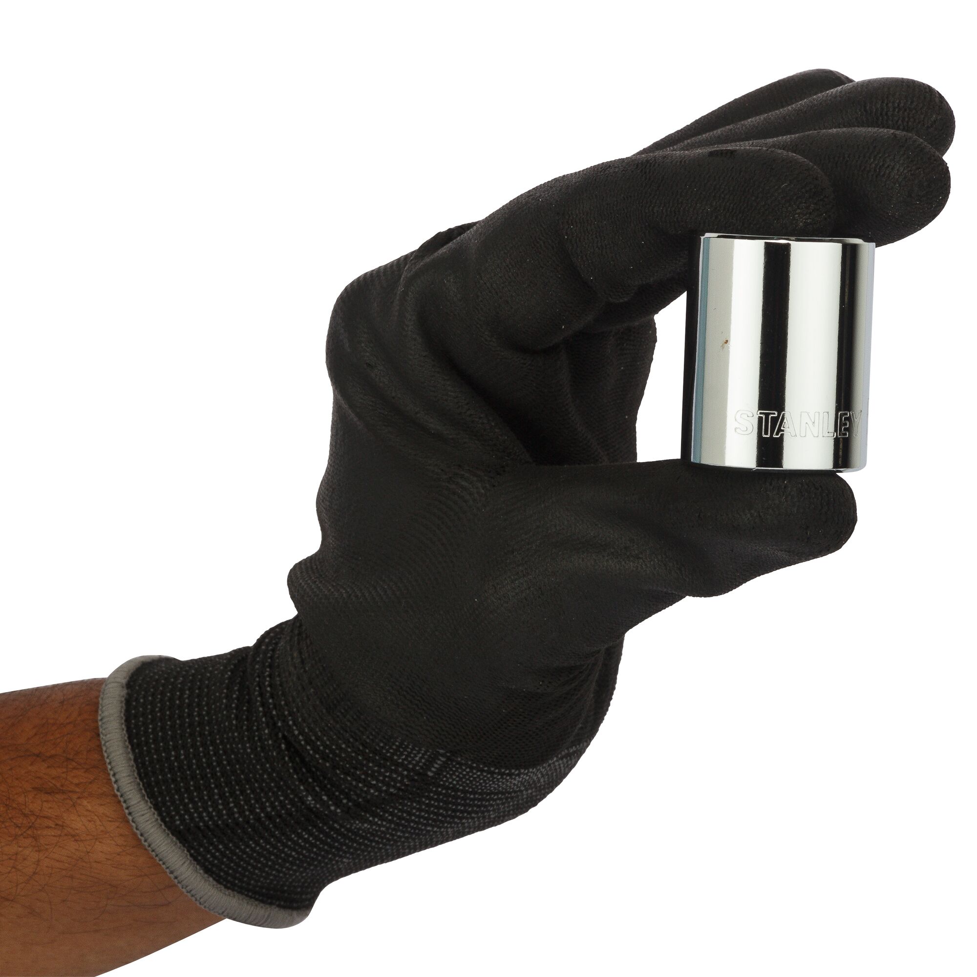 Photo of STANLEY 1-88-746 chrome socket held by hand in black glove, close-up angle.