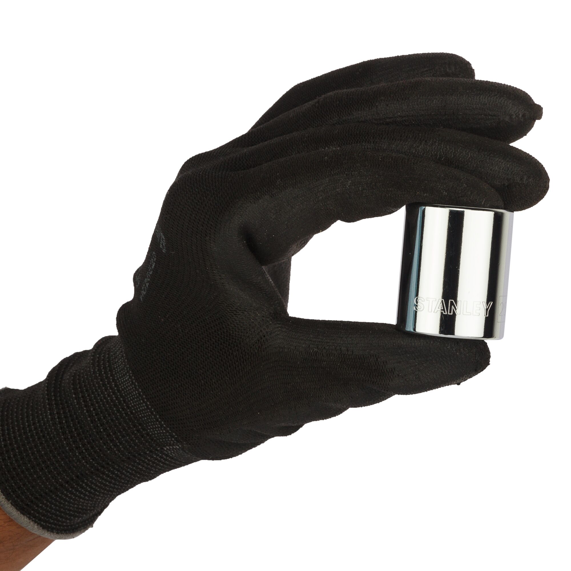 STANLEY 88-747 socket held by black-gloved hand, chrome finish, photography on white background.