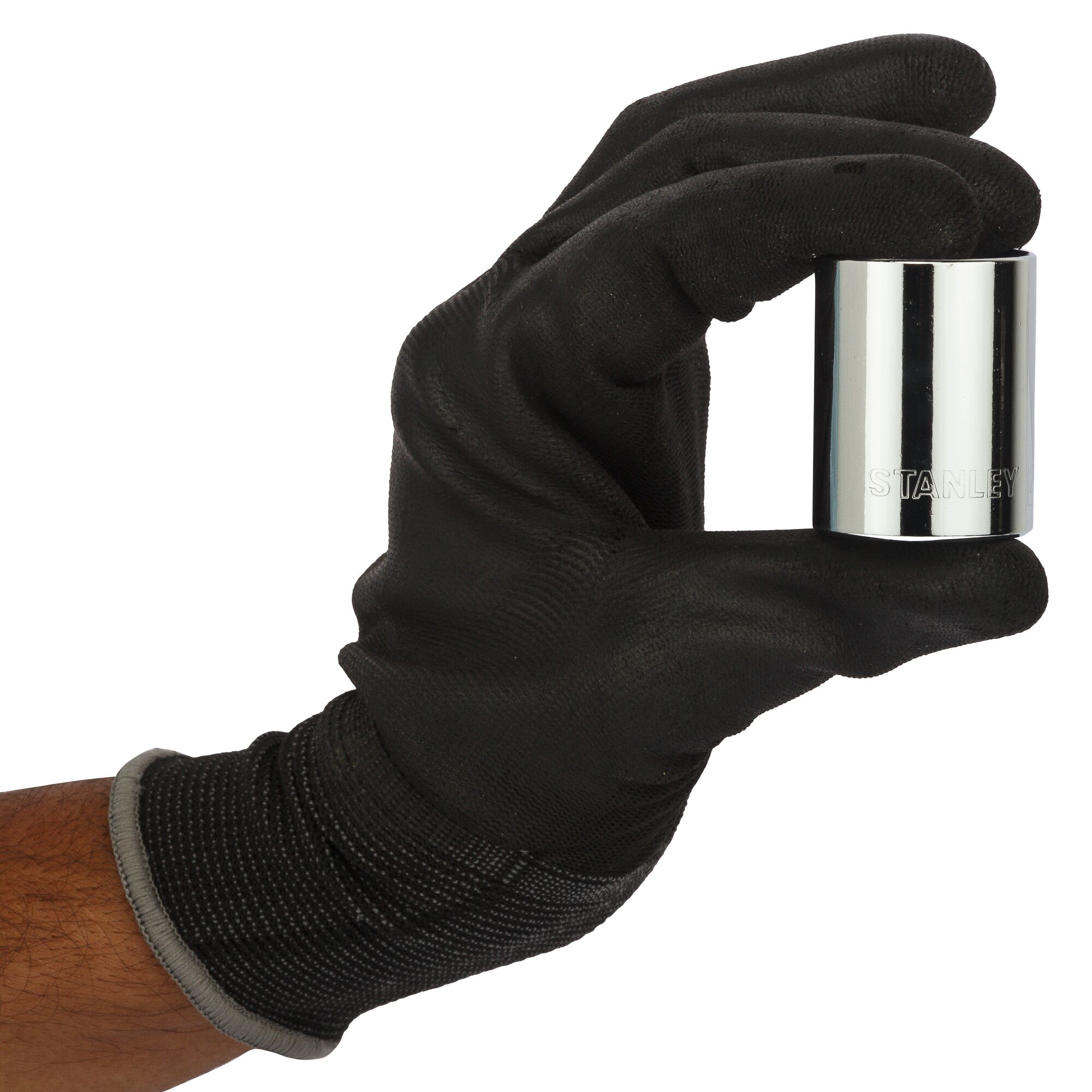 STANLEY 1-88-748 chrome socket held by a black gloved hand, product category photography, side angle.