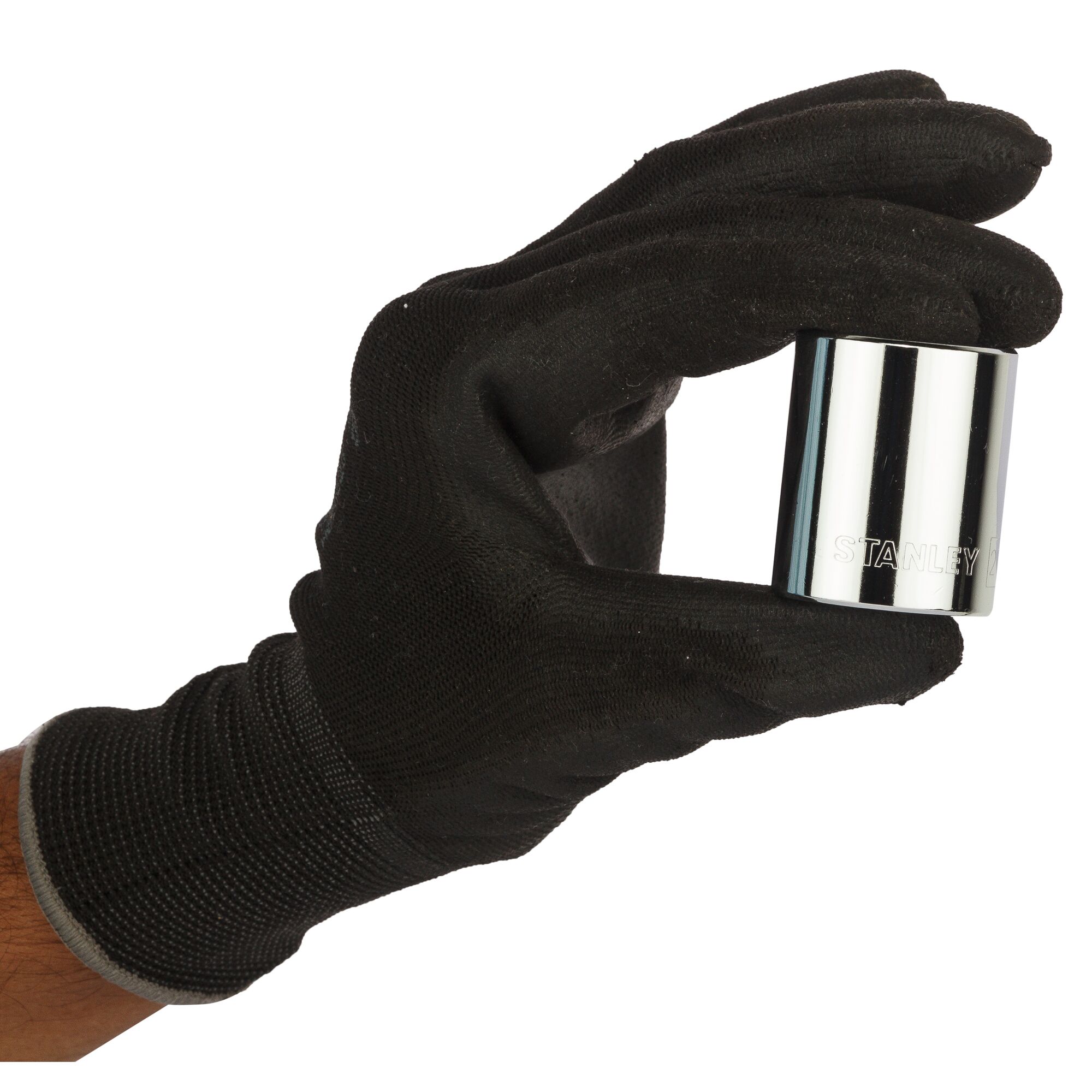 Photo of STANLEY 1-88-749 chrome socket held in black-gloved hand, side angle, tool category.