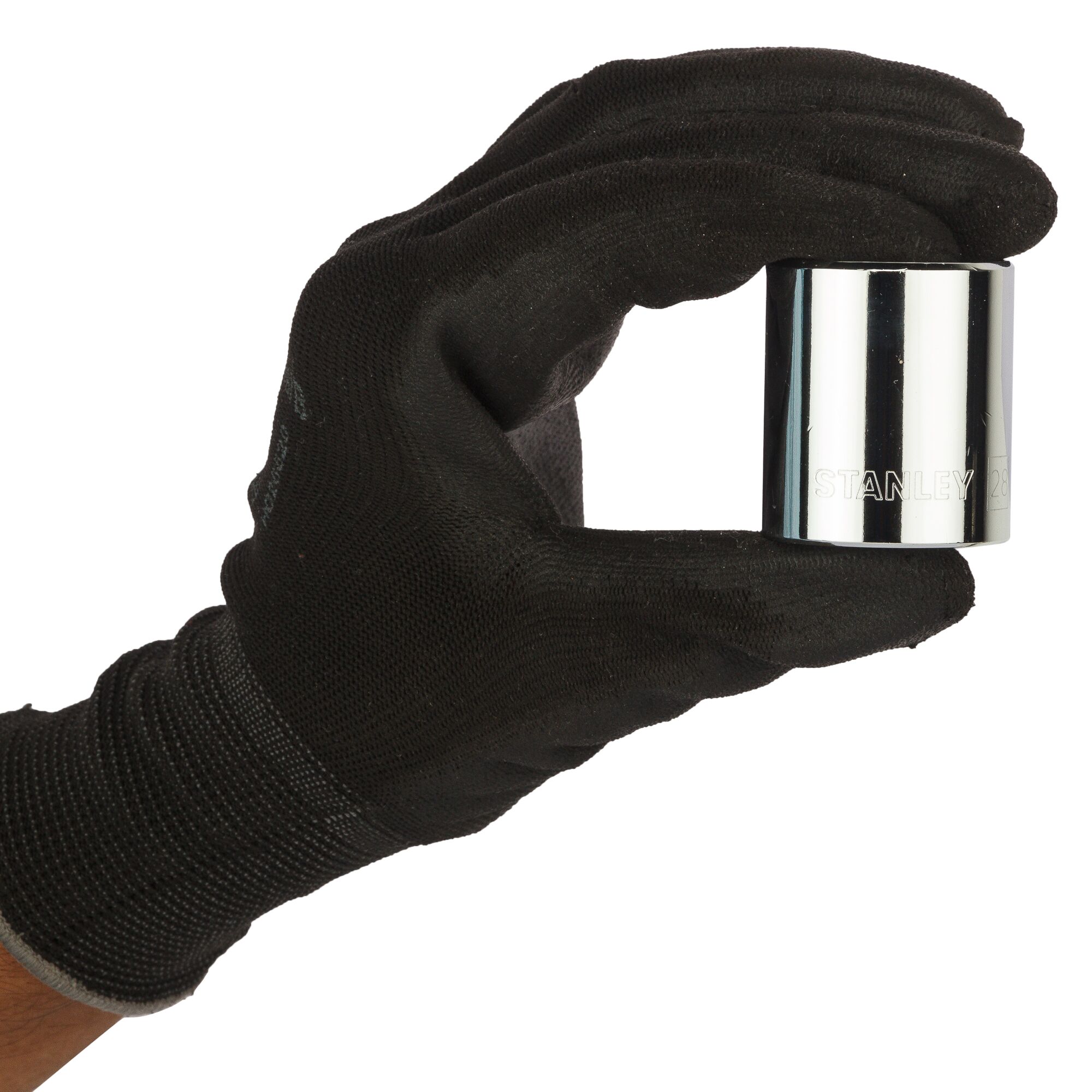 STANLEY 1-88-750 chrome socket held in gloved hand, side view, photography product.