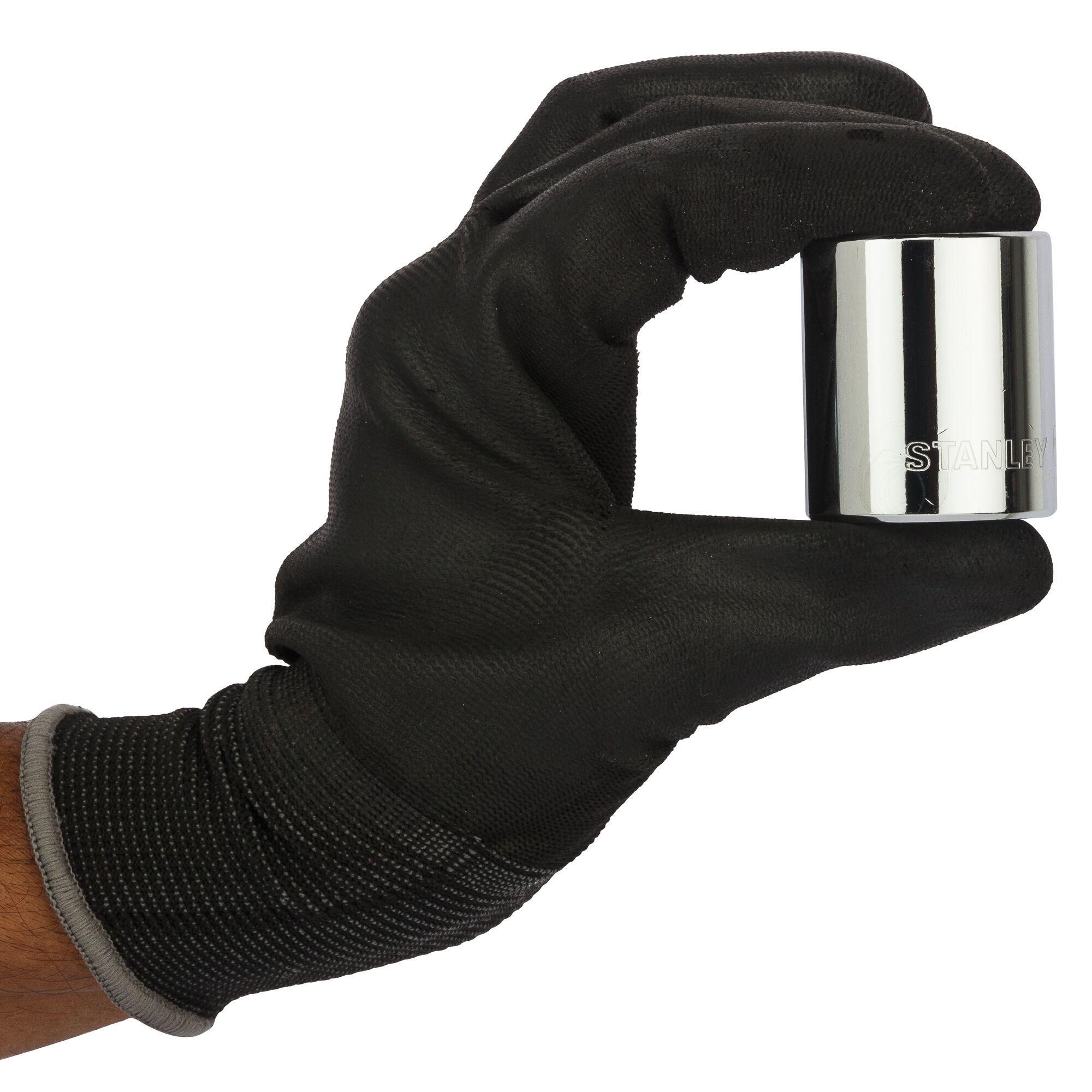 STANLEY 1-88-751 chrome socket held by a black-gloved hand, product photography, front angle.