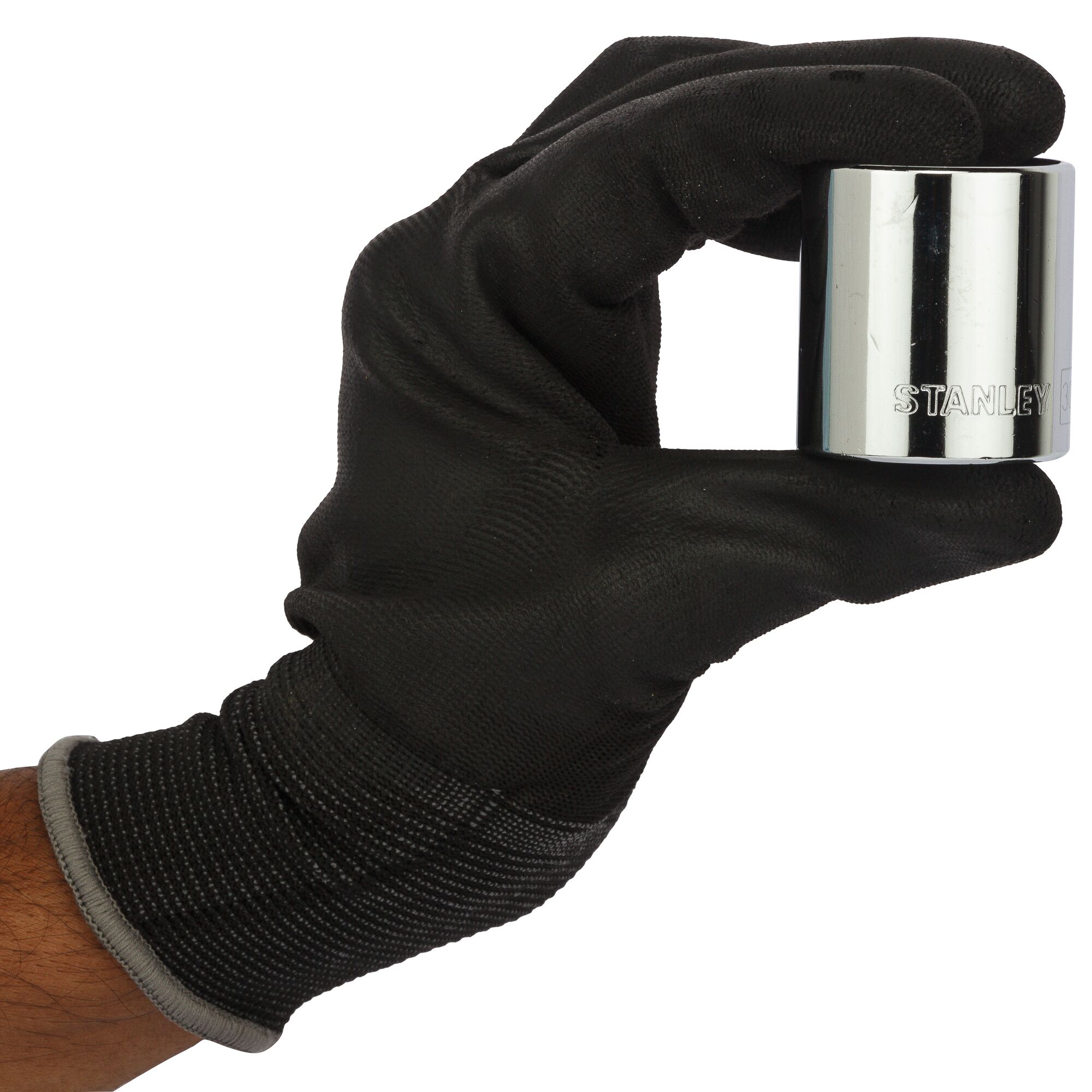Photo of a gloved hand holding a STANLEY 1-88-752 chrome socket, side angle, tool photography.