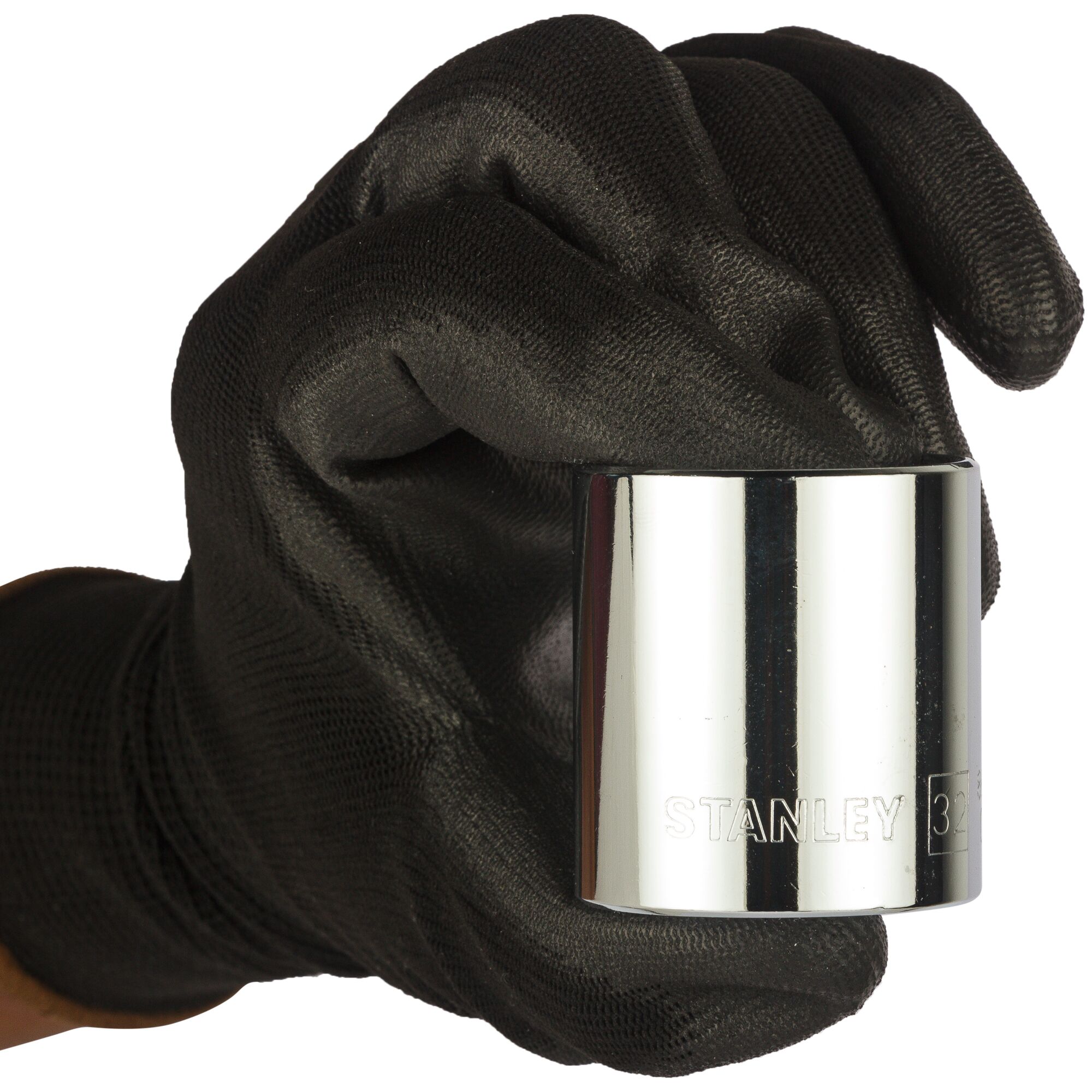 Stanley 1-88-753 chrome socket held by a black-gloved hand, front angle, photography product.