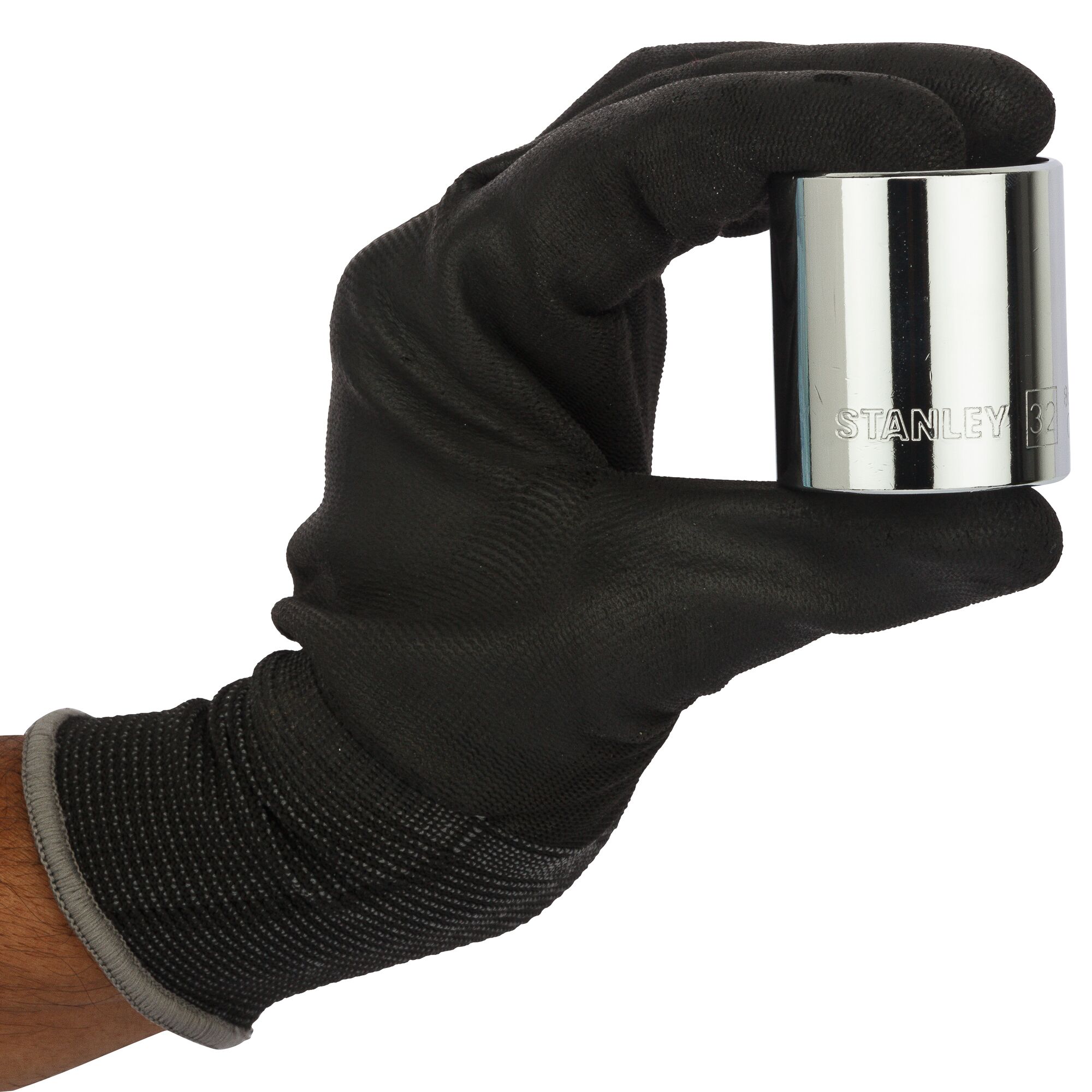 STANLEY 1-88-753 chrome socket held by hand in black glove, product category photography, side angle.