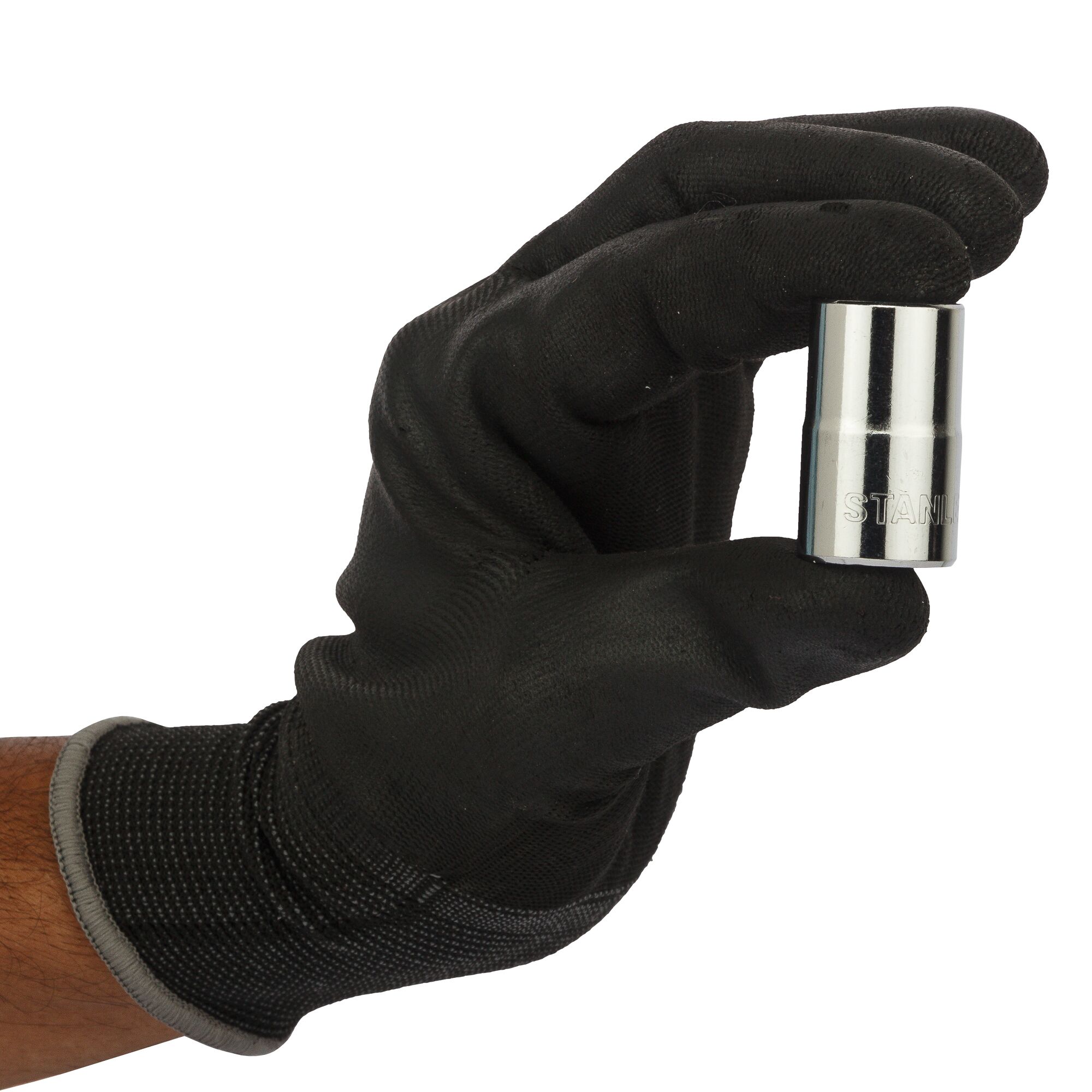 Photo of STANLEY 1-88-788 chrome socket held by a gloved hand, front angle, tool category.