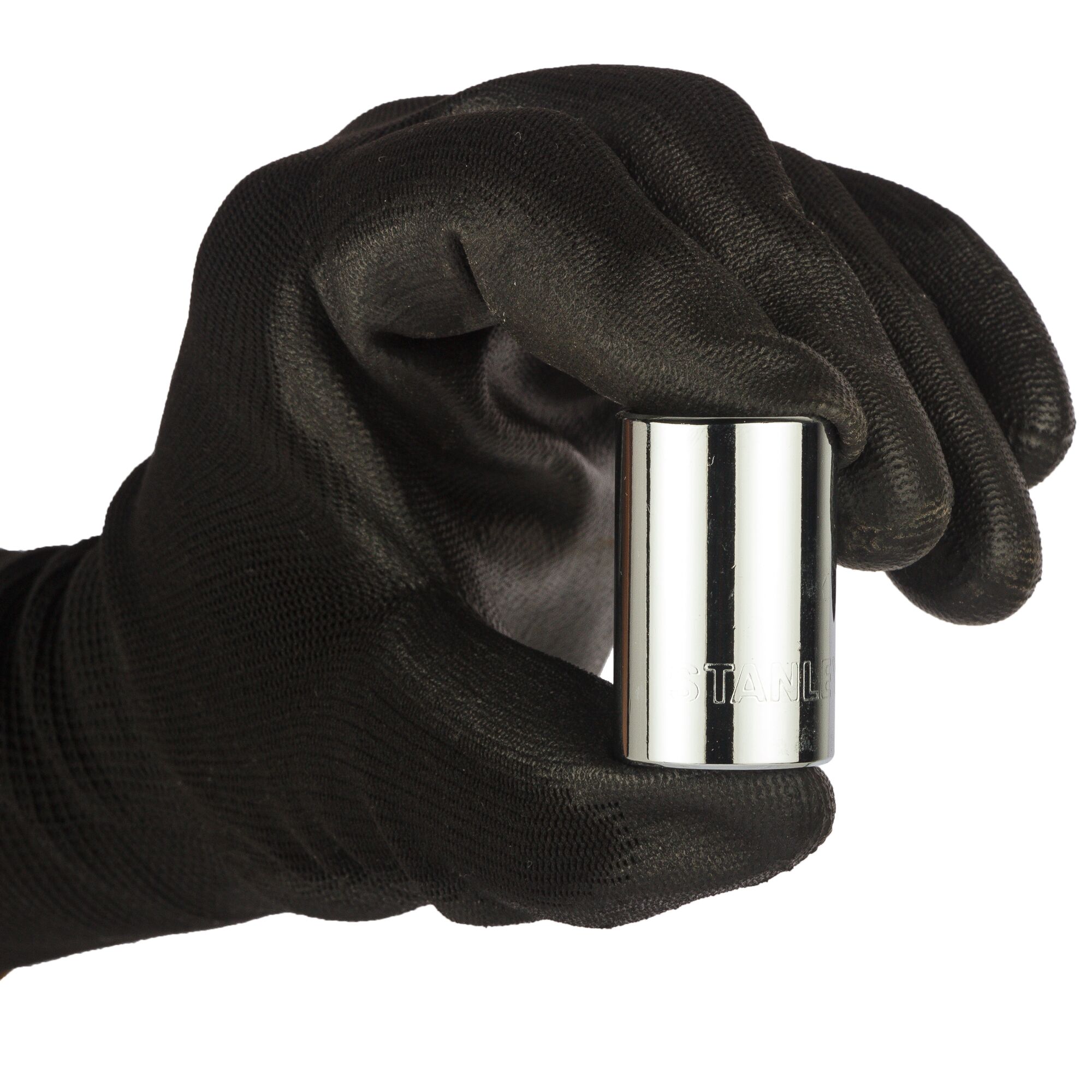 A black-gloved hand holding a shiny Stanley socket tool, SKU 1-88-789, against a plain white background.