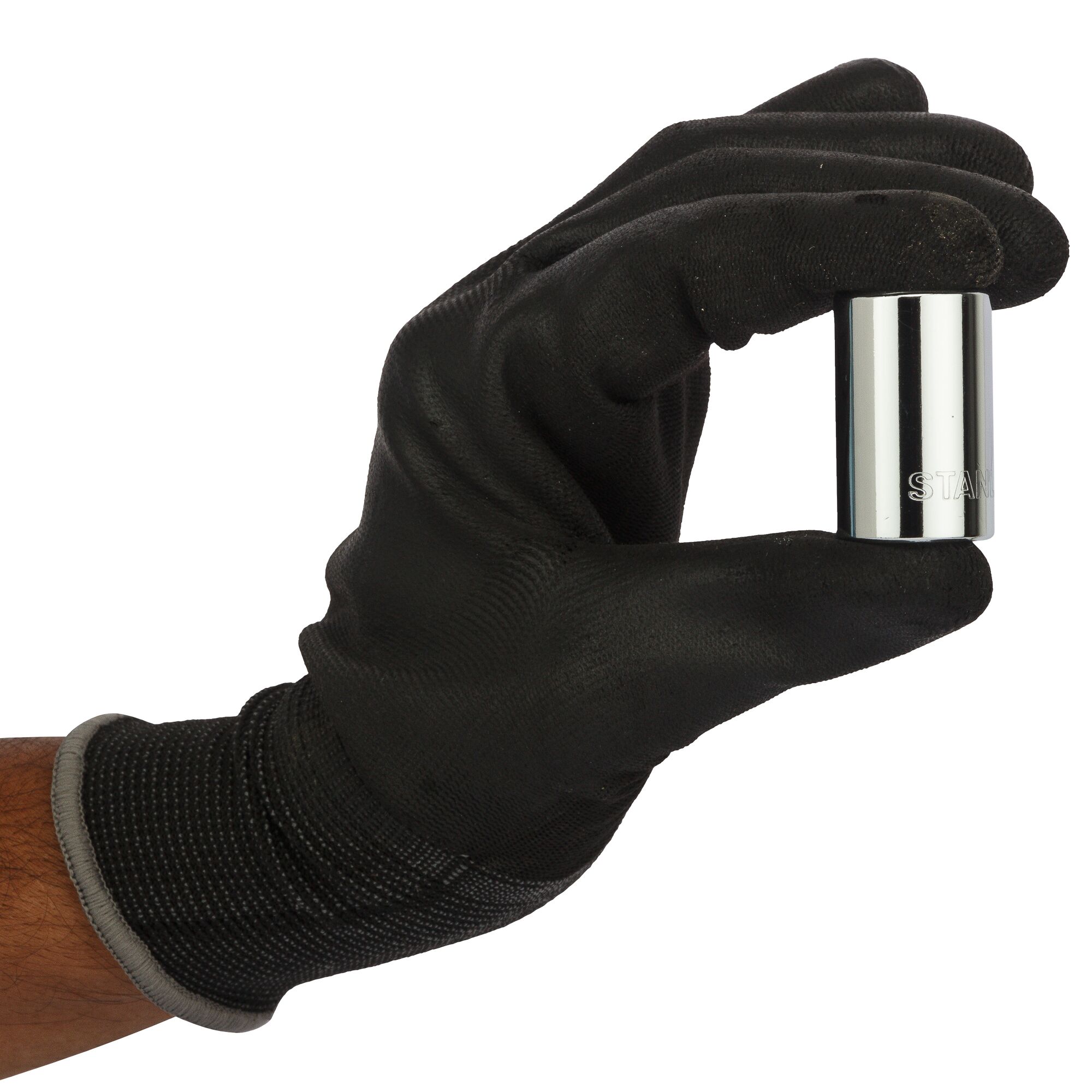 Photo of STANLEY 1-88-789 socket held by a gloved hand, silver chrome finish, product photography