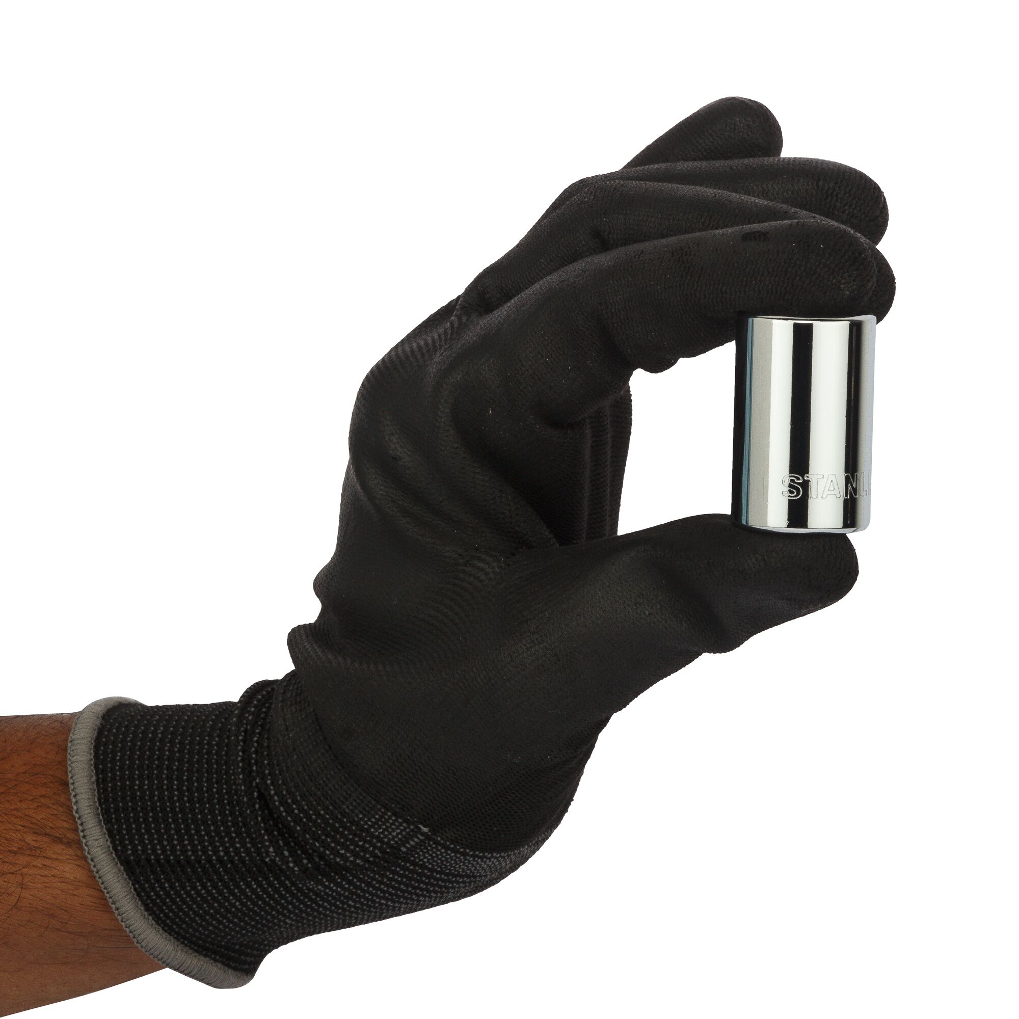 Photo of STANLEY 1-88-790 socket held by a gloved hand, product shown from the front on white background.