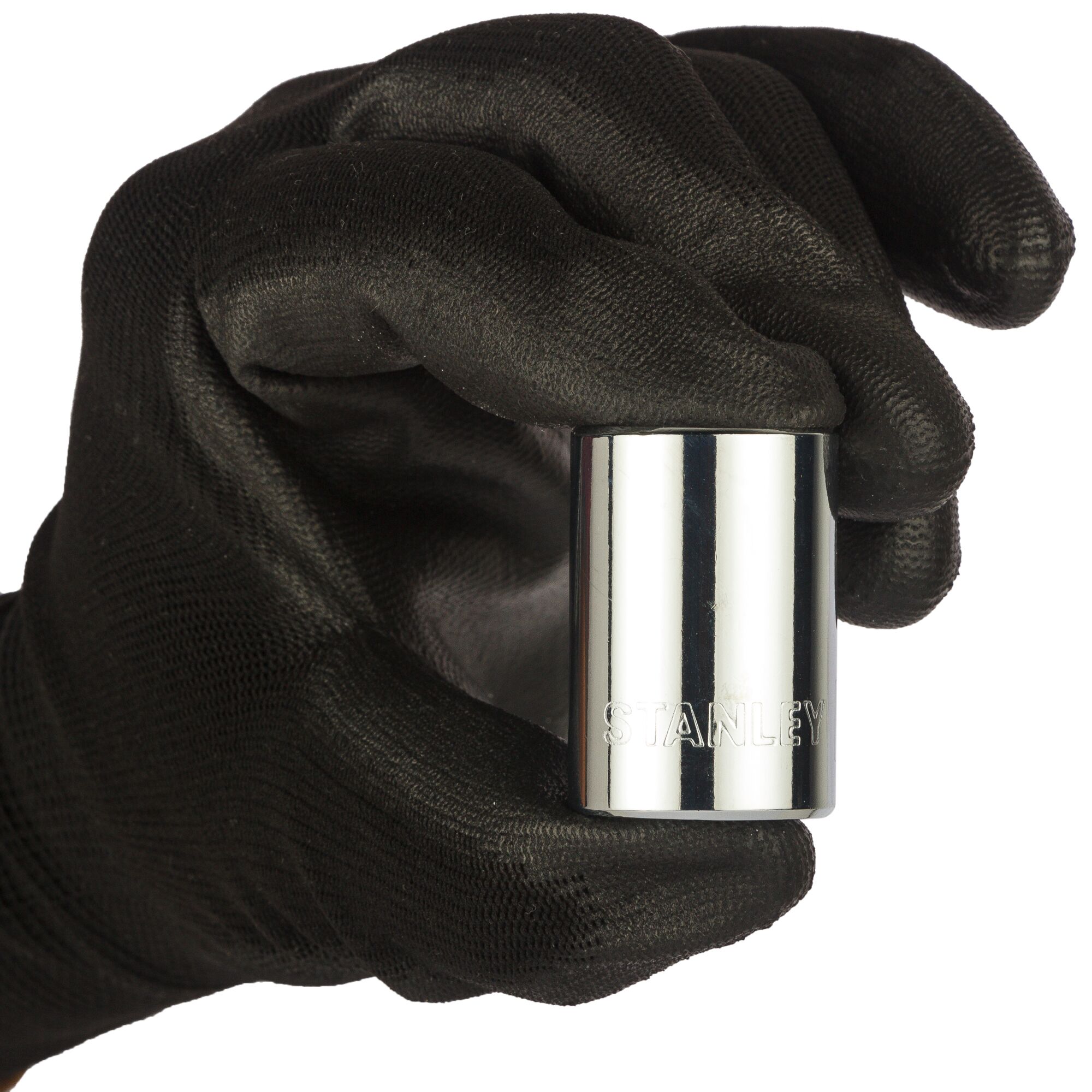 STANLEY 1-88-791 chrome socket held by black glove, photography on white background.
