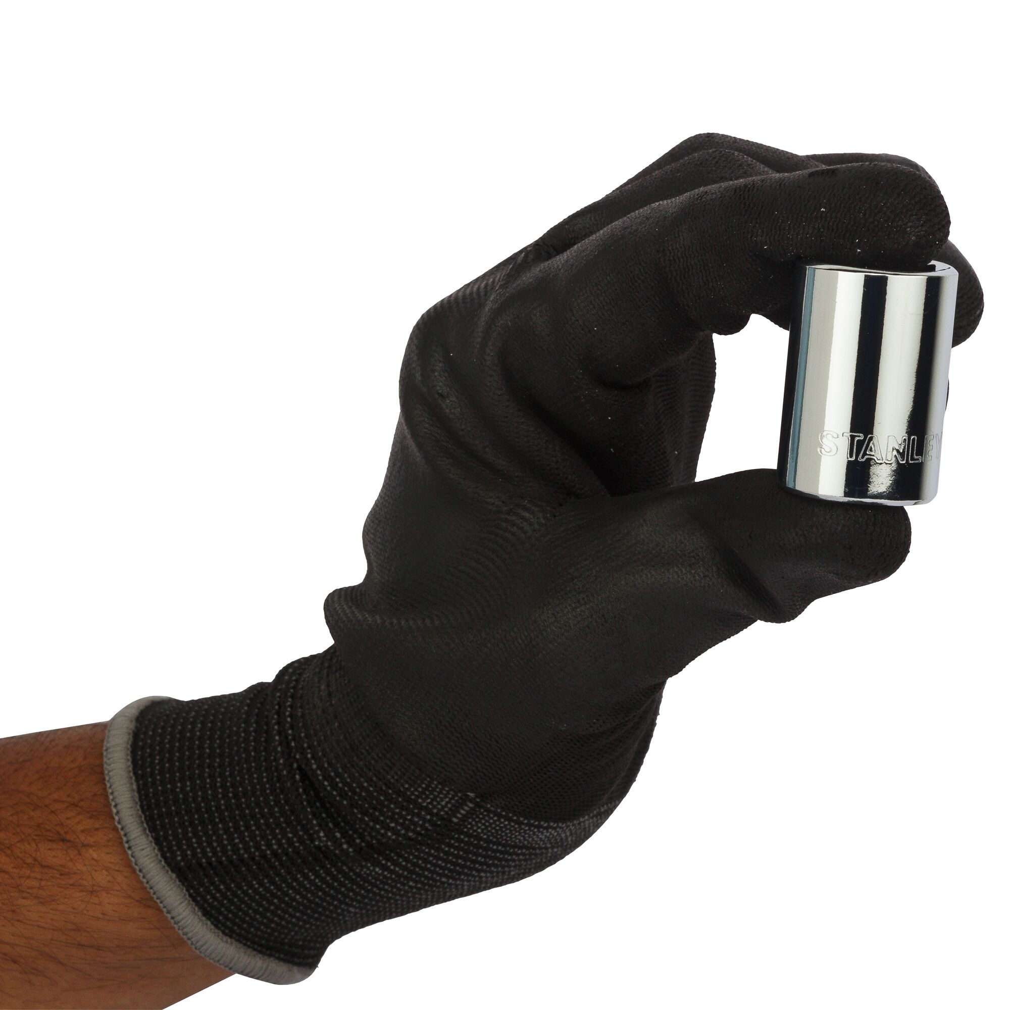 STANLEY 1-88-791 socket held by a gloved hand, front angle, chrome finish, tool accessory.