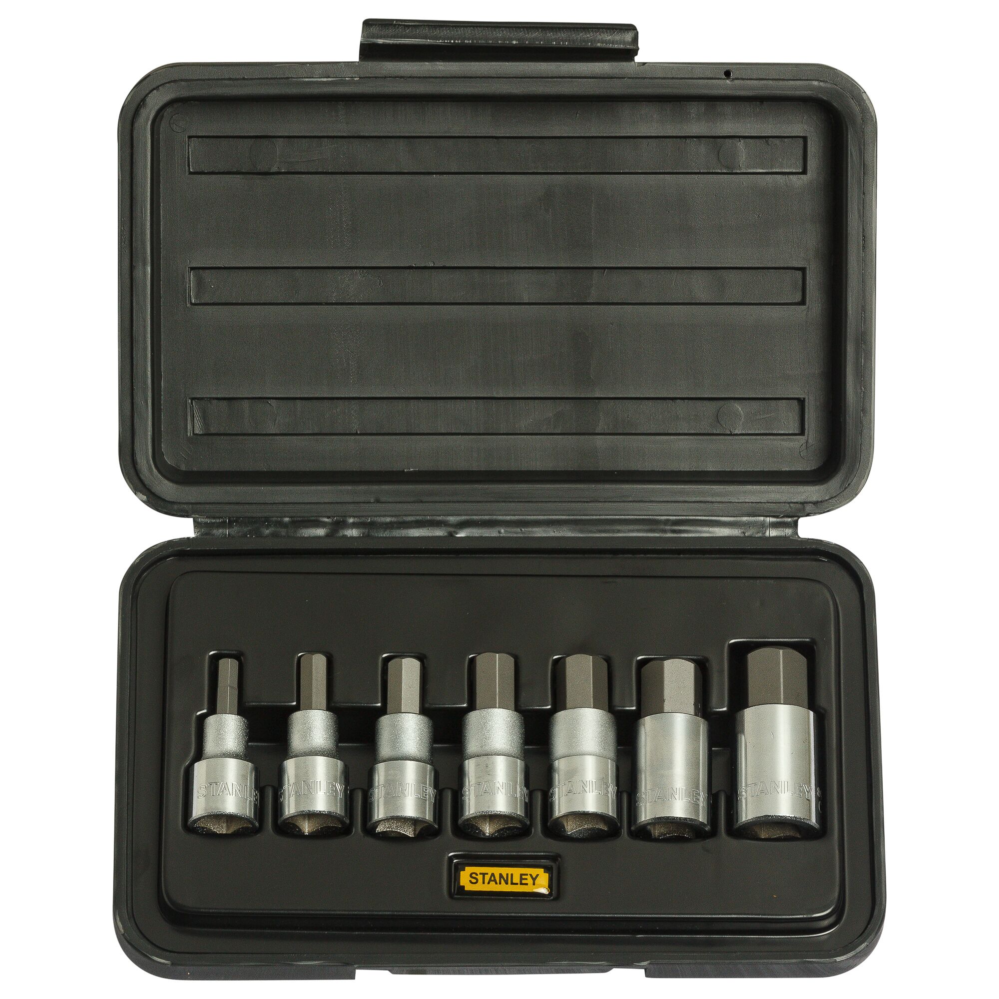 Stanley hex bit socket set in a black plastic case, showing seven sockets neatly arranged inside.