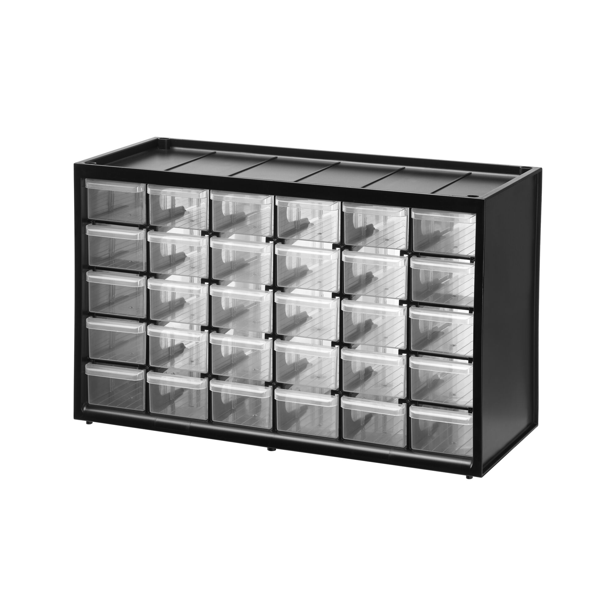 Black storage organizer with 30 clear plastic drawers for small parts, ideal for workshops or craft areas.