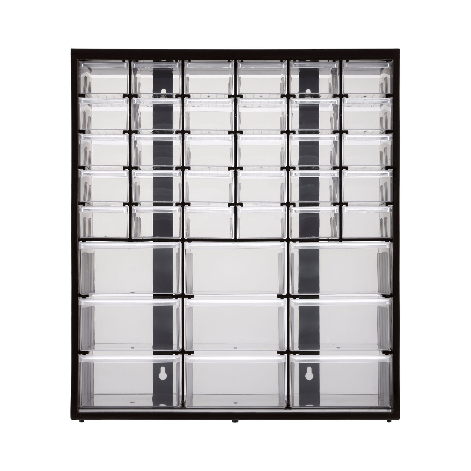 Plastic storage cabinet with multiple transparent drawers for organizing small items.