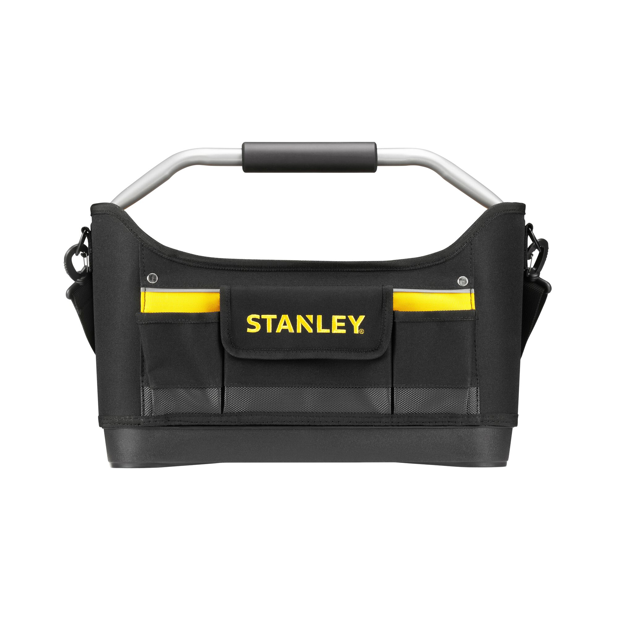 STANLEY 1-96-182 black and yellow open tool bag with handle, photographed from the front on white background.