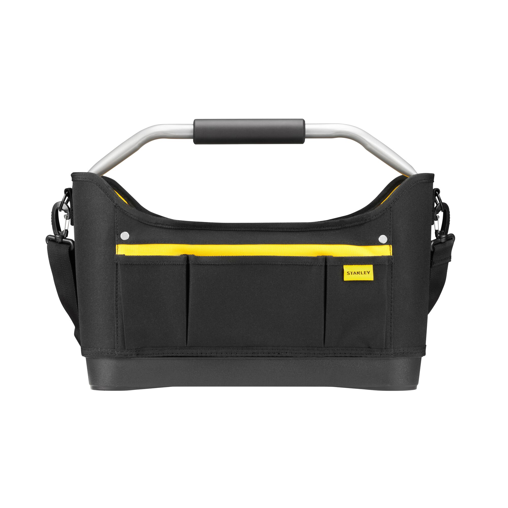 STANLEY 1-96-182 open tool bag with black fabric, yellow trim, metal handle, and front pockets, front view.