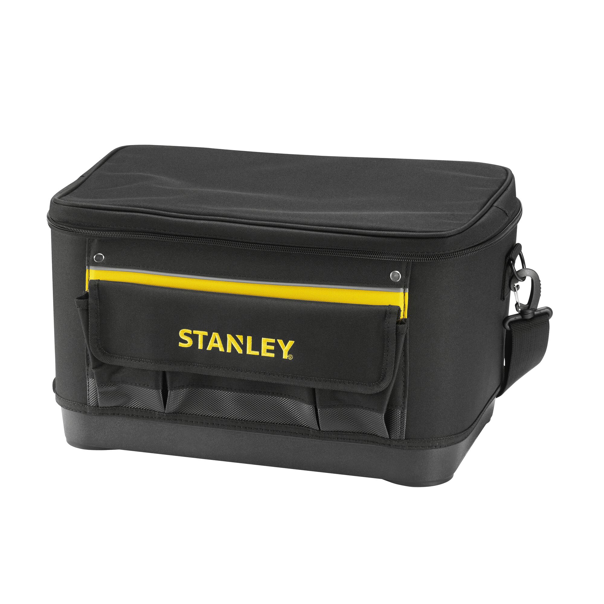 STANLEY 1-96-193 black tool bag with yellow accents and front pockets, front angle on white background.