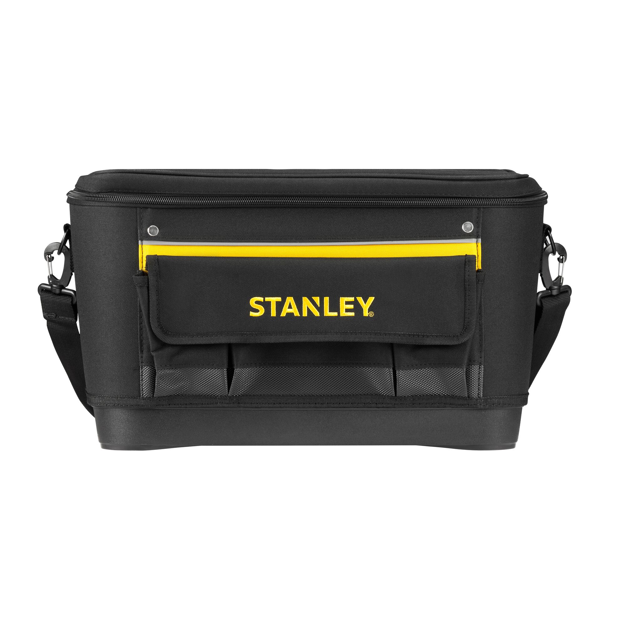 STANLEY 1-96-193 tool bag, black fabric with yellow accent, front view, zippered top and adjustable shoulder strap.