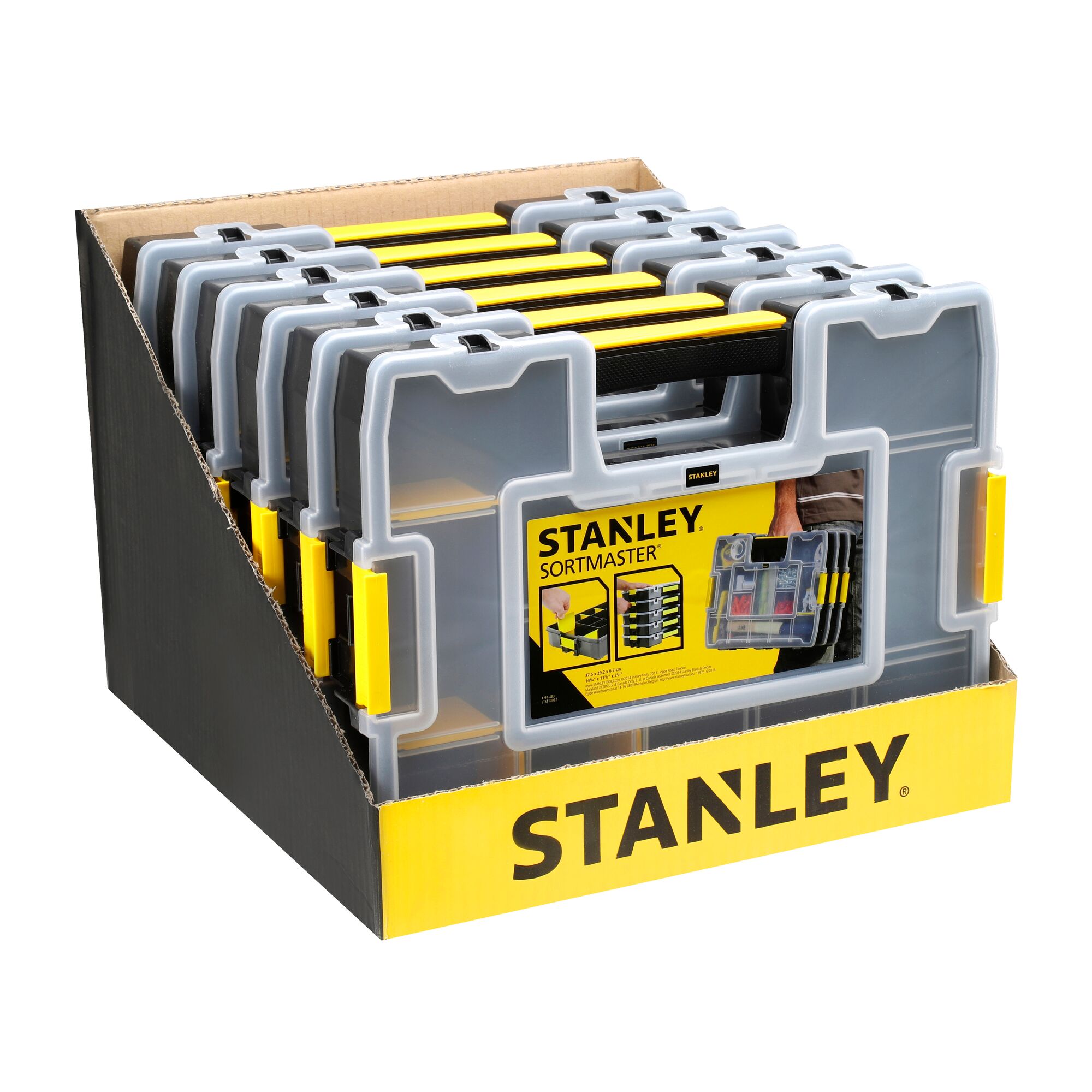 STANLEY 1-97-483 SortMaster organizer cases in yellow display tray, front angle photo.