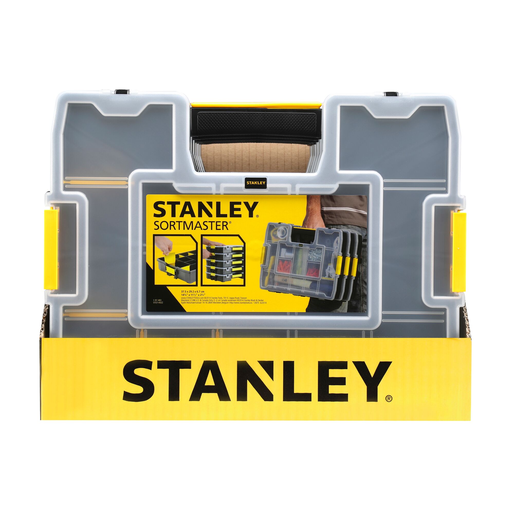 Stanley 1-97-483 SortMaster organizer, gray and yellow, front angle, plastic storage case.