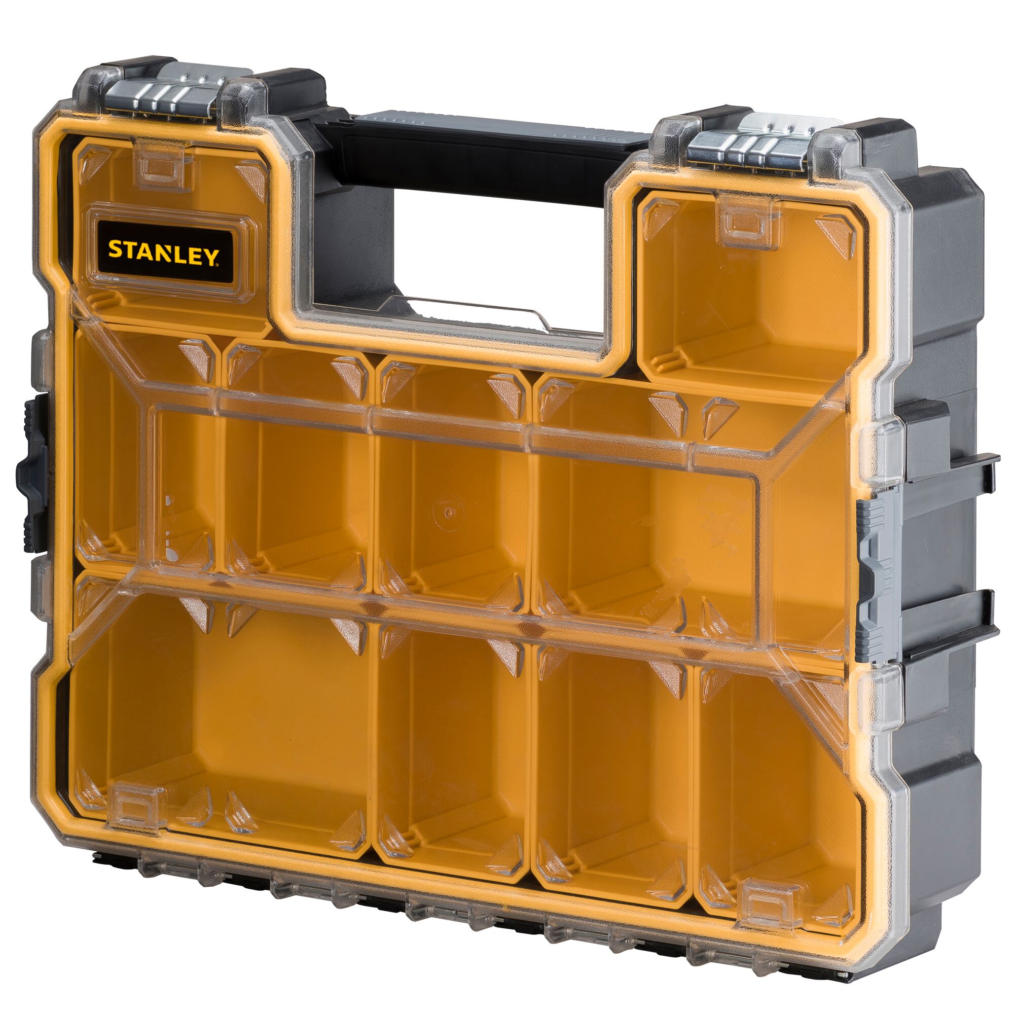 Stanley organizer box with yellow compartments and clear lid, ideal for storing small items and tools.
