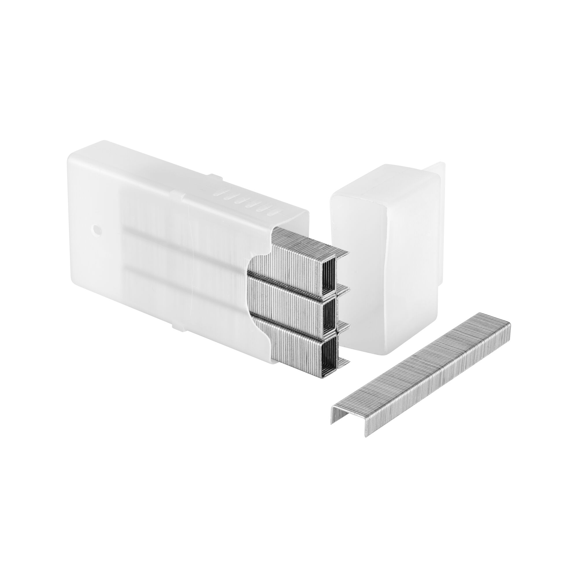 Stanley staples in a white plastic case, opened to show three rows of metal staples for staplers.