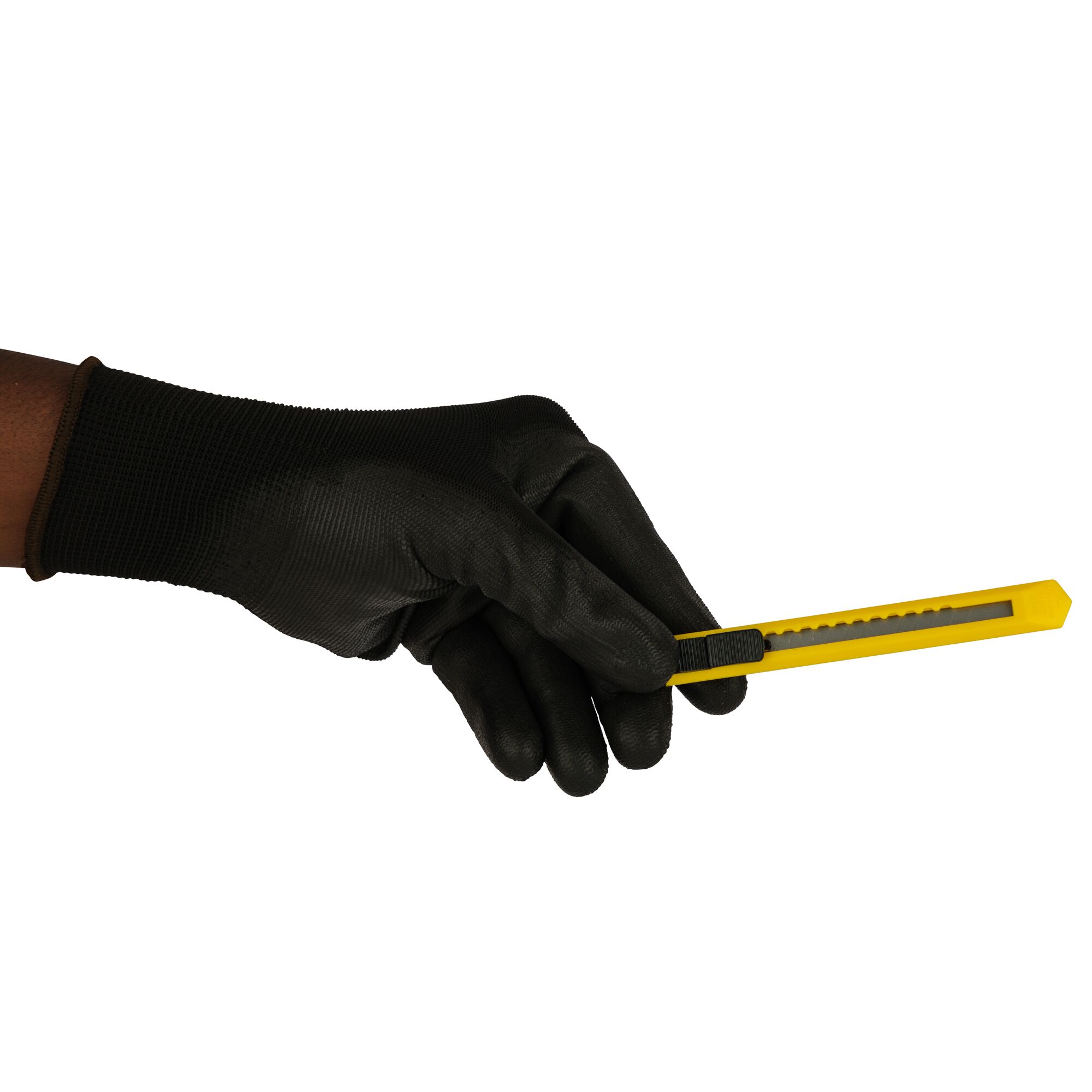 Hand in black glove holding a yellow utility knife against a white background.