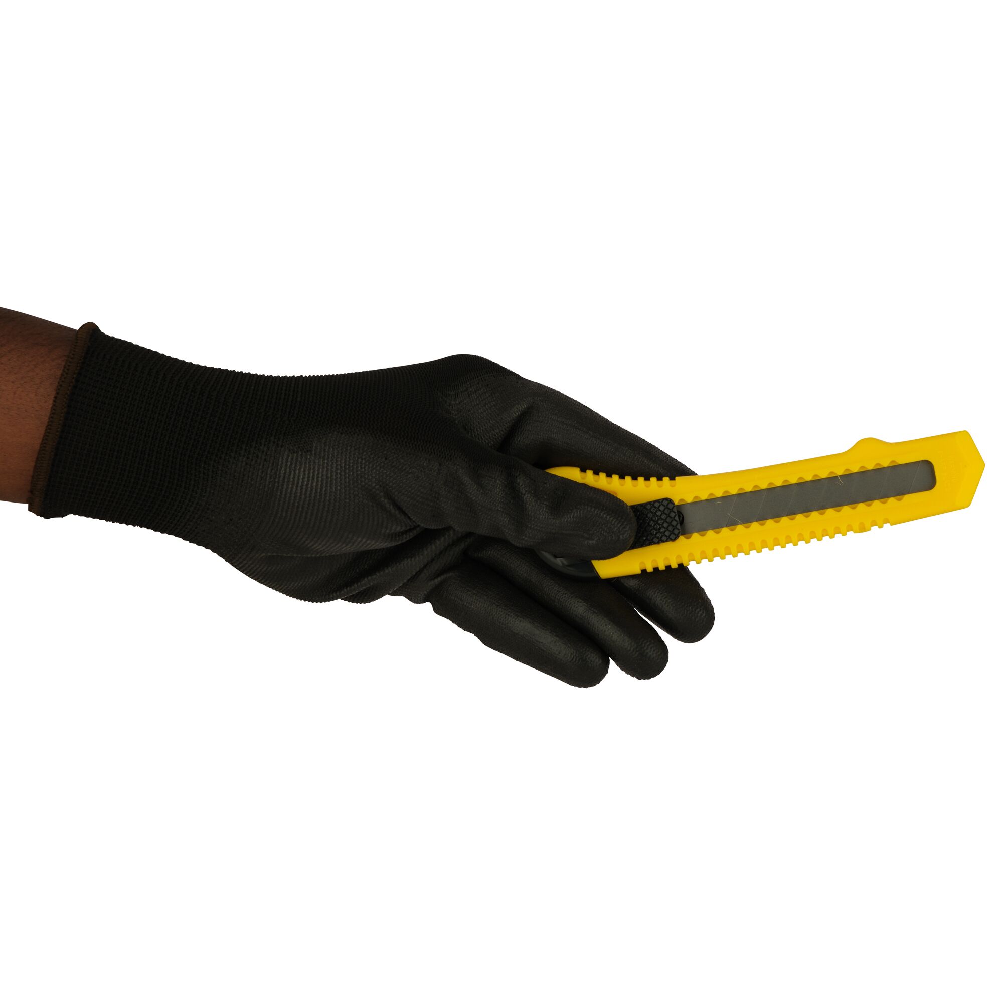 A hand wearing a black glove holds a yellow utility knife with a retractable blade against a white background.
