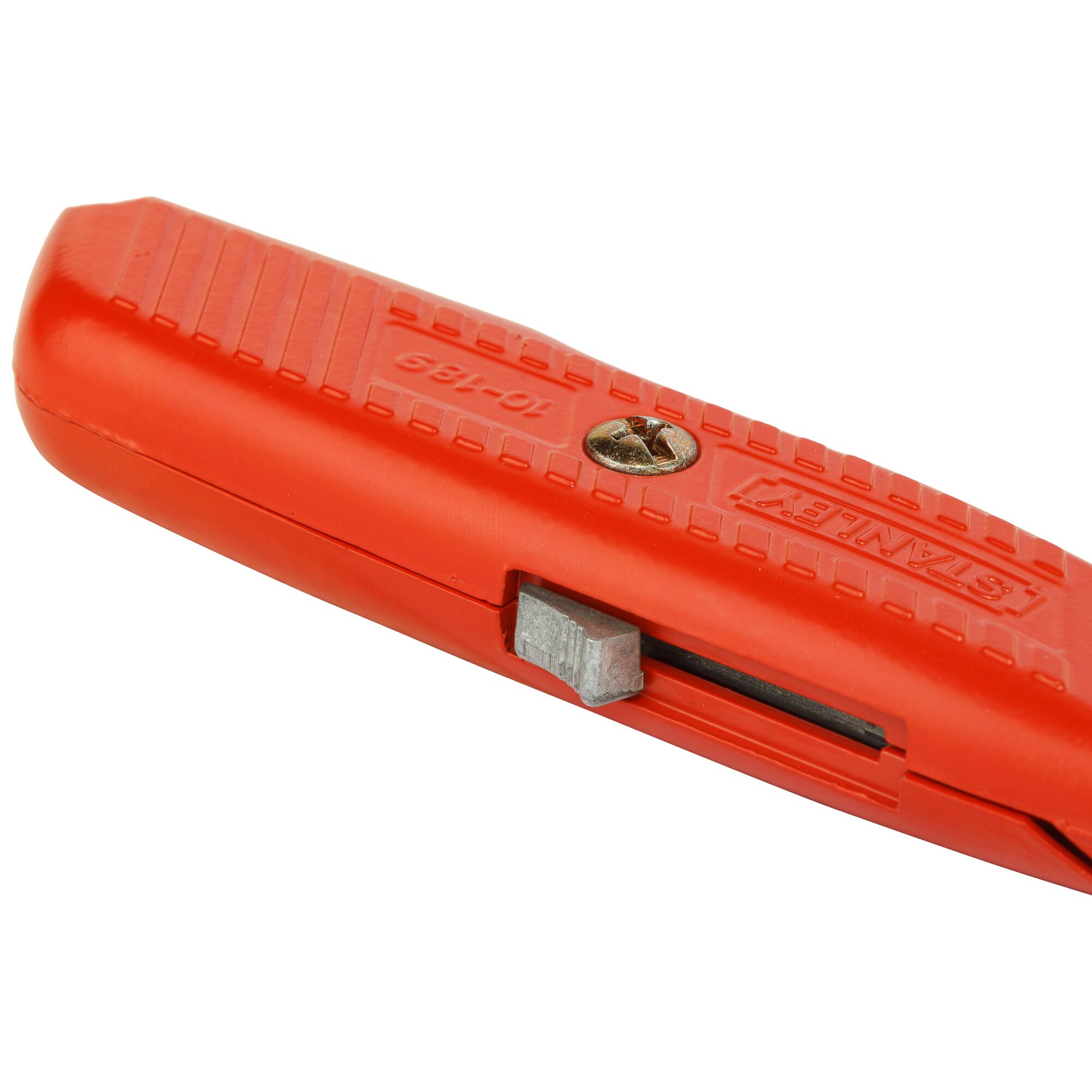 Photo of STANLEY 10-189C utility knife, red textured handle, side angle on white background.