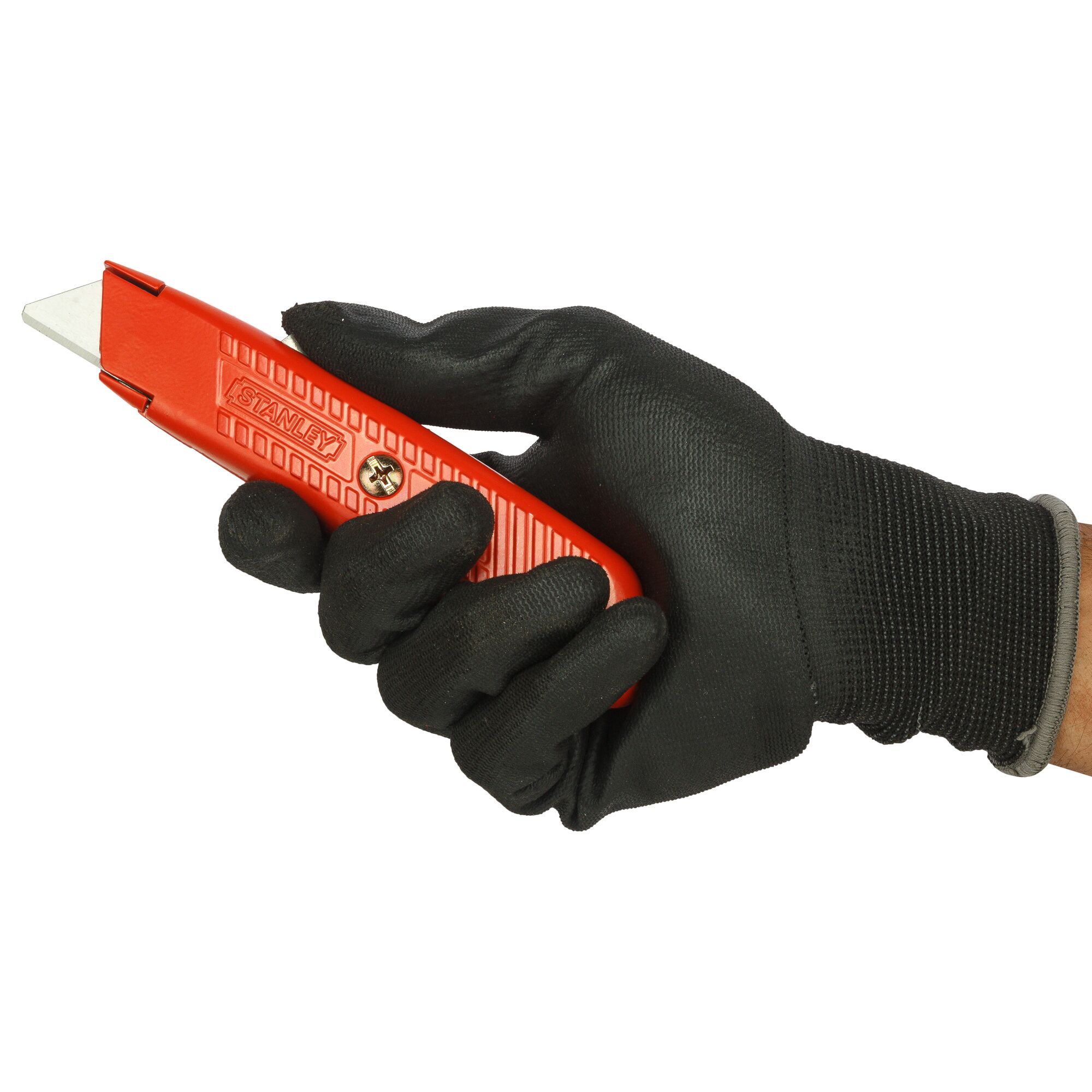 Stanley 10-189C utility knife, red body, held in gloved hand, photography, side angle.