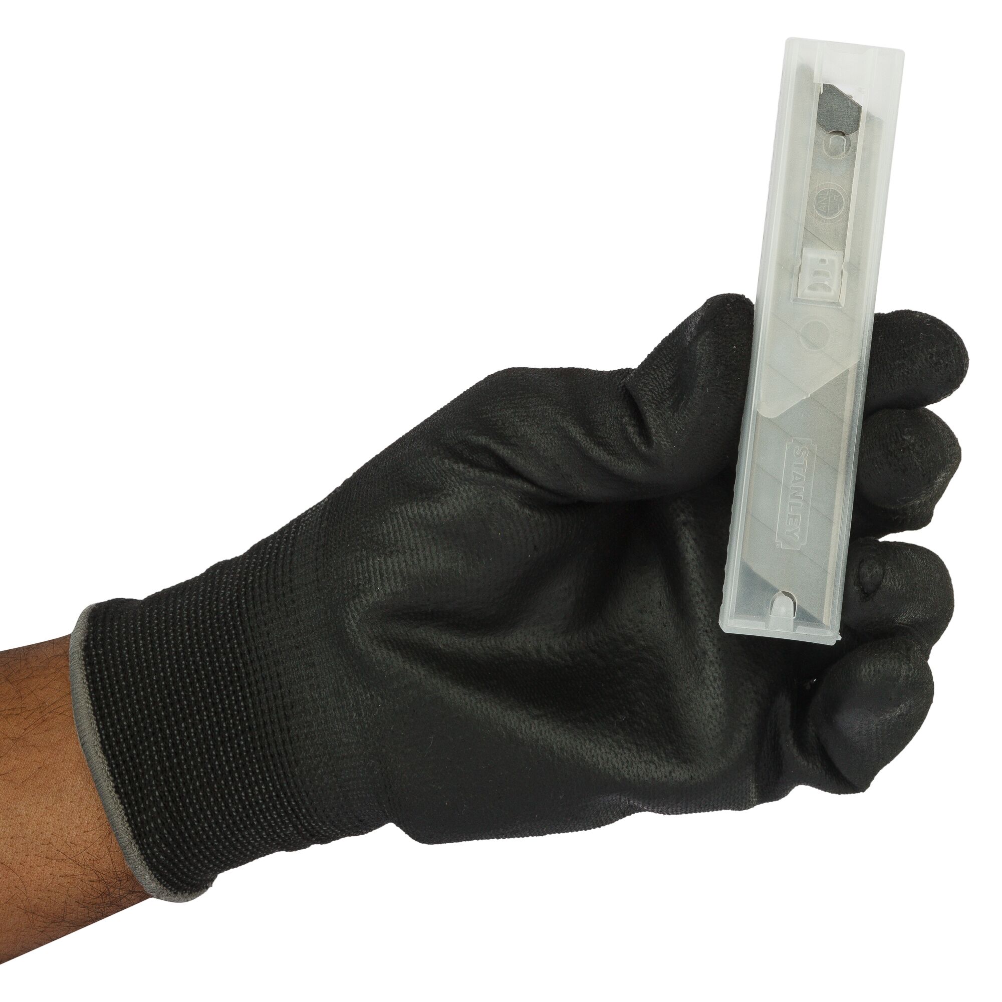 Photo of STANLEY 11-301H utility blade pack held in a black glove.