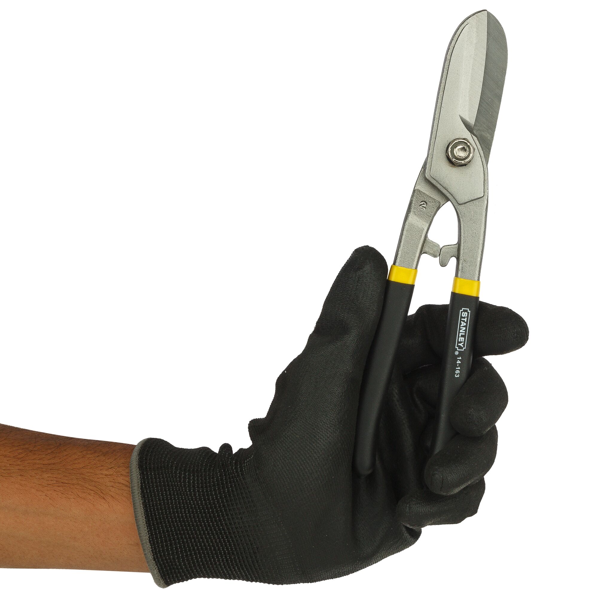 Photo of STANLEY 14-163 aviation snips held in a gloved hand, front angle, black and yellow handles.