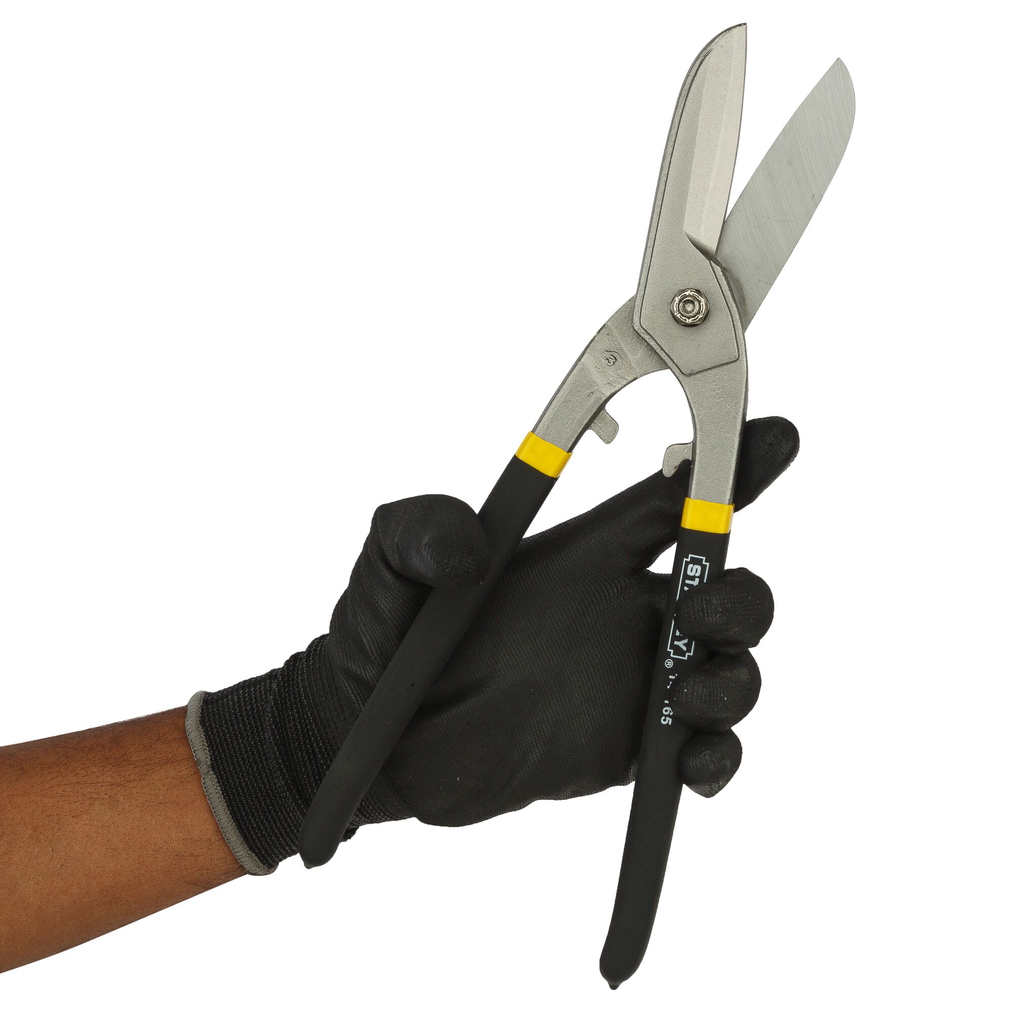 Photo of STANLEY 14-165 aviation snips with black and yellow handles held in a gloved hand, side angle.