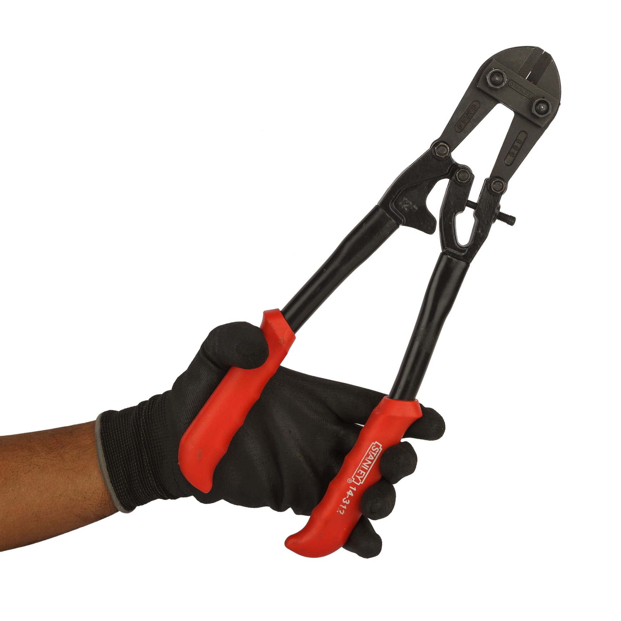 Photo of STANLEY 14-312-23 bolt cutter with red handles held by a gloved hand, front angle.